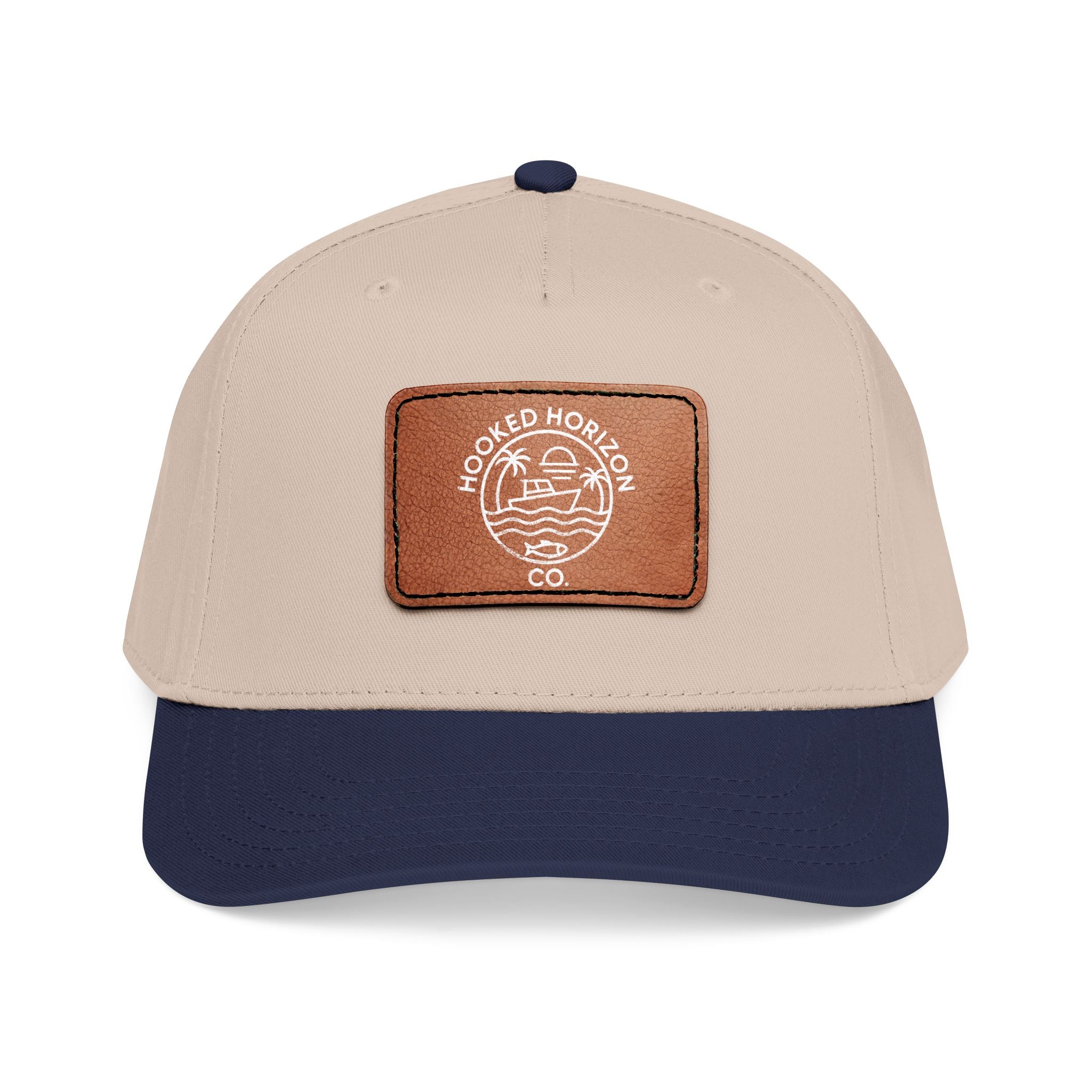 Hooked Horizon Co. 80s Inspired Logo–Leather Patch Baseball Cap — Hooked Horizon Co. Fishing Boat, Multiple Color Variations