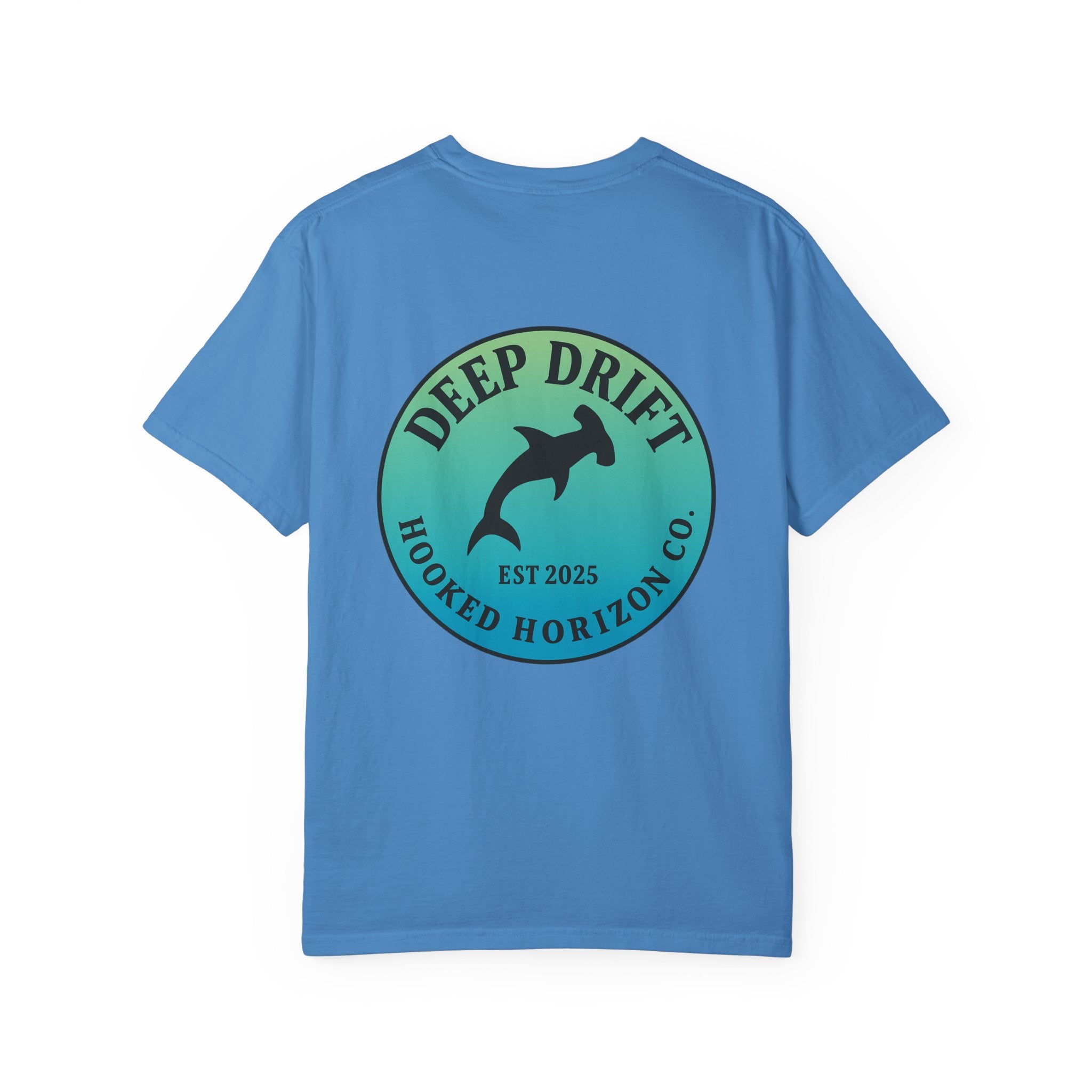 Deep Drift Fishing T-Shirt - Green & Blue Fishing Tee for Angler Lovers, Hammer Head Shark, Ocean Tee