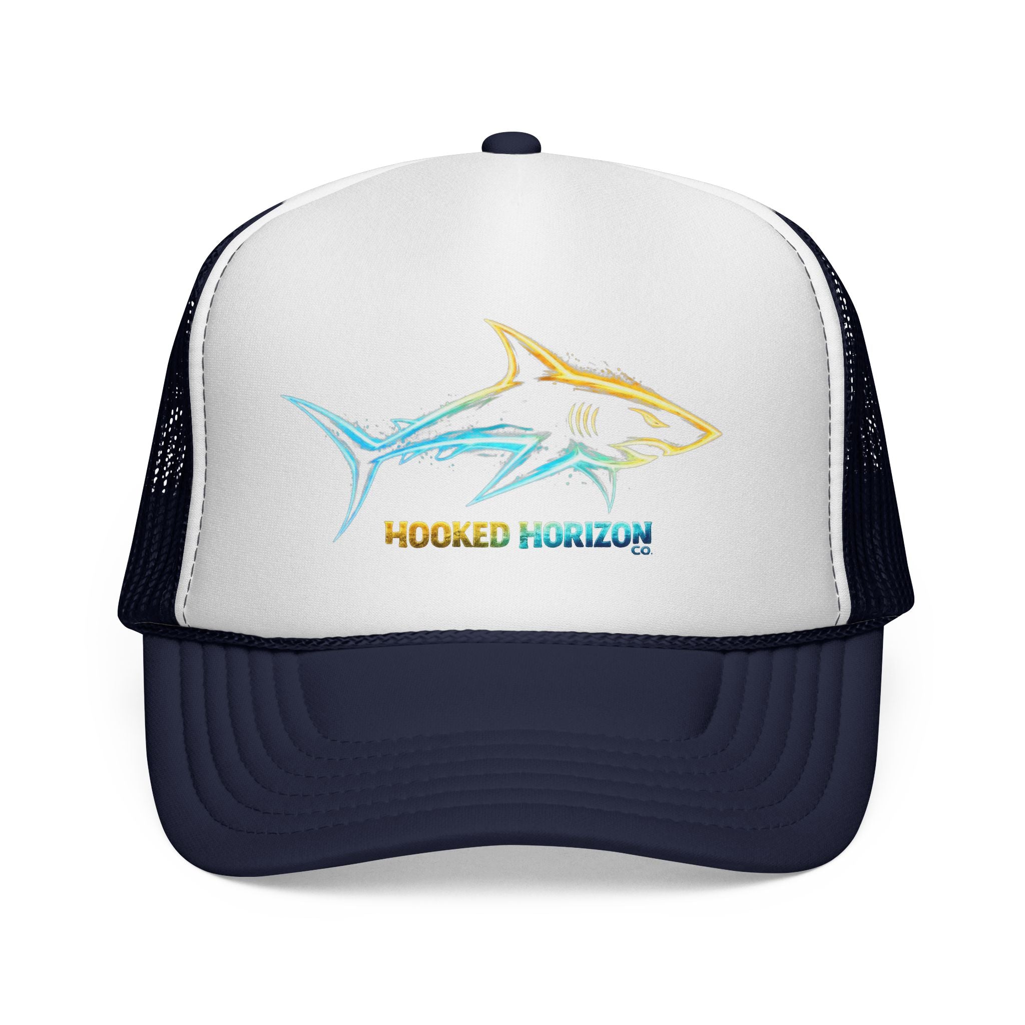 Gold & Blue Shark Trucker Cap — Fishing & Beach Hat