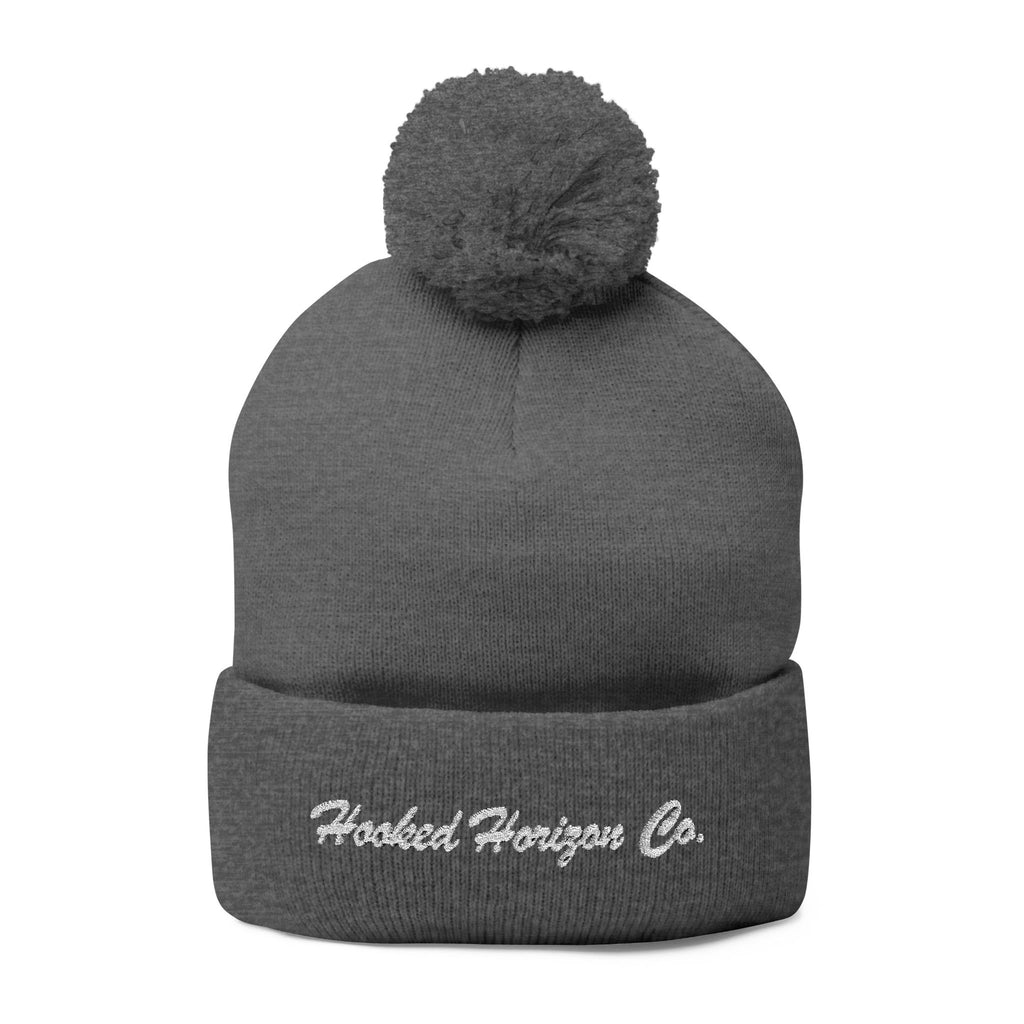 Hooked Horizon Co. Embroidered Pom-Pom Knit Cap — Cozy Grey Beanie with Multiple Color Variations