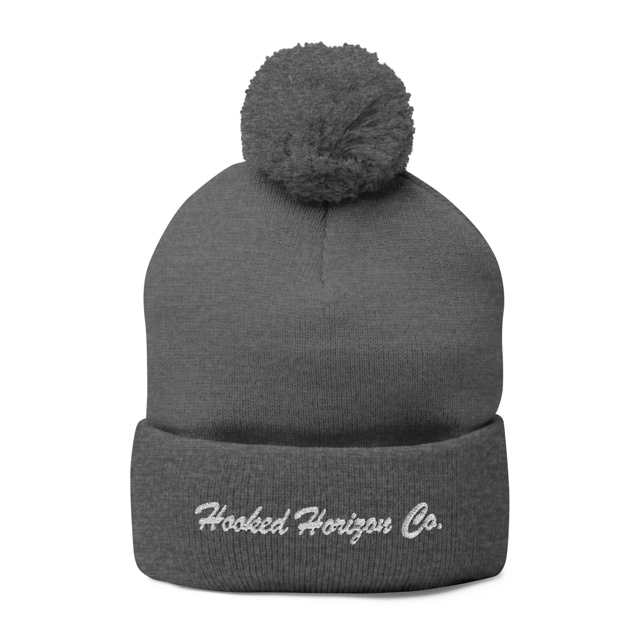 Hooked Horizon Co. Embroidered Pom-Pom Knit Cap — Cozy Grey Beanie with Multiple Color Variations