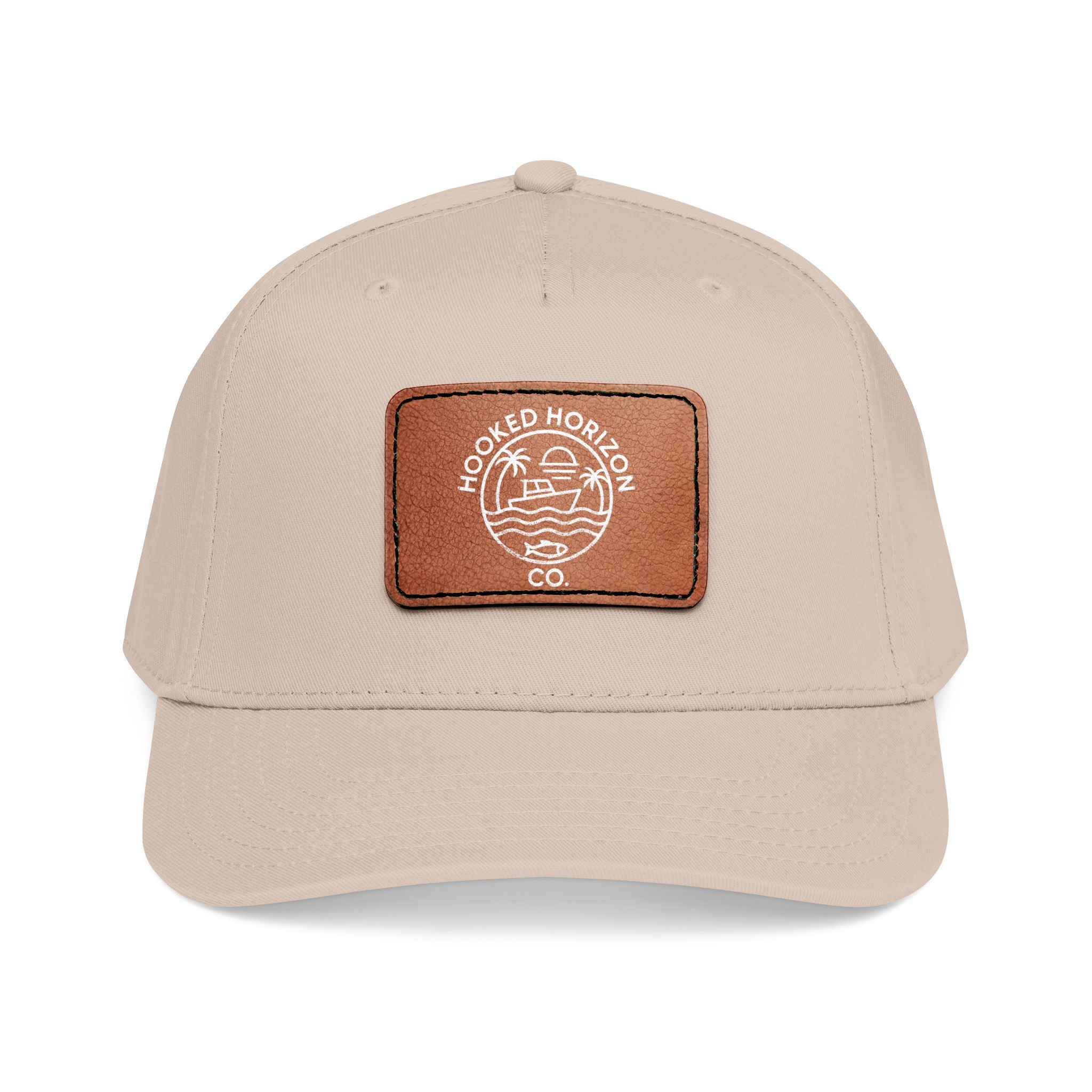 Hooked Horizon Co. 80s Inspired Logo–Leather Patch Baseball Cap — Hooked Horizon Co. Fishing Boat, Multiple Color Variations