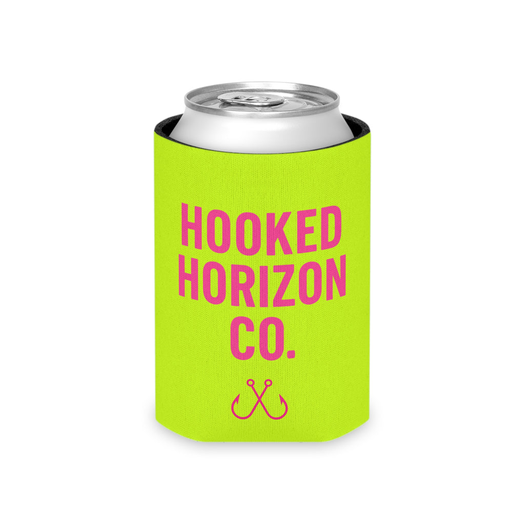 Neon Yellow & Pink Coozie — Hooked Horizon Co. Fishing Wave Koozie