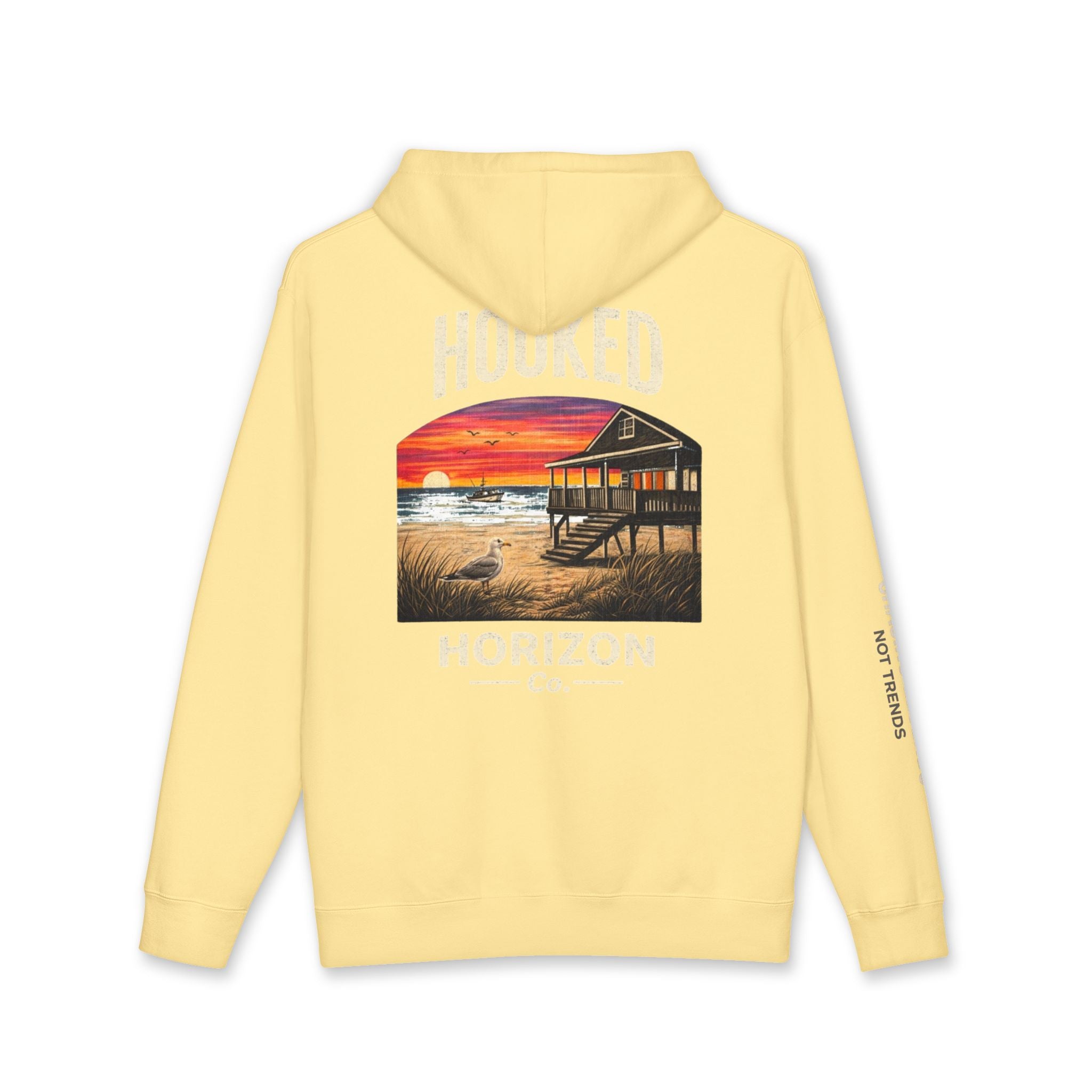 Seagull & Red Sunset Hoodie Hooked Horizon Co. — Minimal Fishing Back Graphic Hoodie, Multiple Color Variations