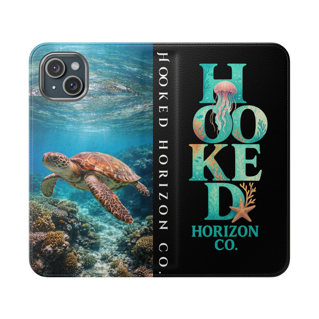 Turtle Hooked Horizon Co Flip Phone Case — Turquoise Water Pattern Wallet Cover