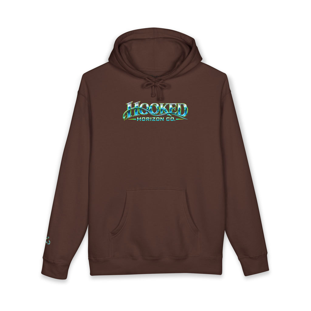 Barracuda Like Green Logo Hoodie—Hooked Horizon Co. — Fishing Back Graphic Hoodie, Multiple Color Variations