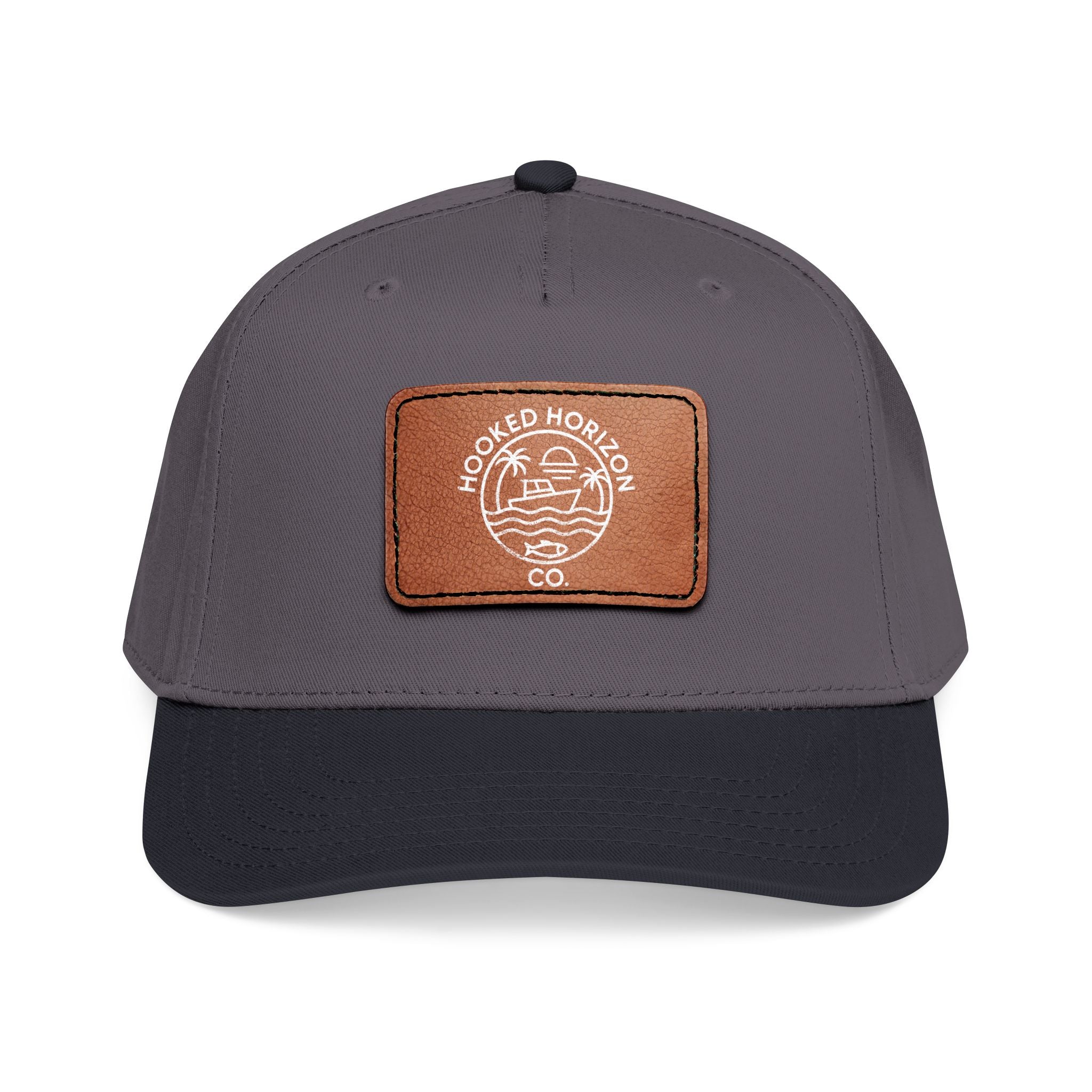 Hooked Horizon Co. 80s Inspired Logo–Leather Patch Baseball Cap — Hooked Horizon Co. Fishing Boat, Multiple Color Variations