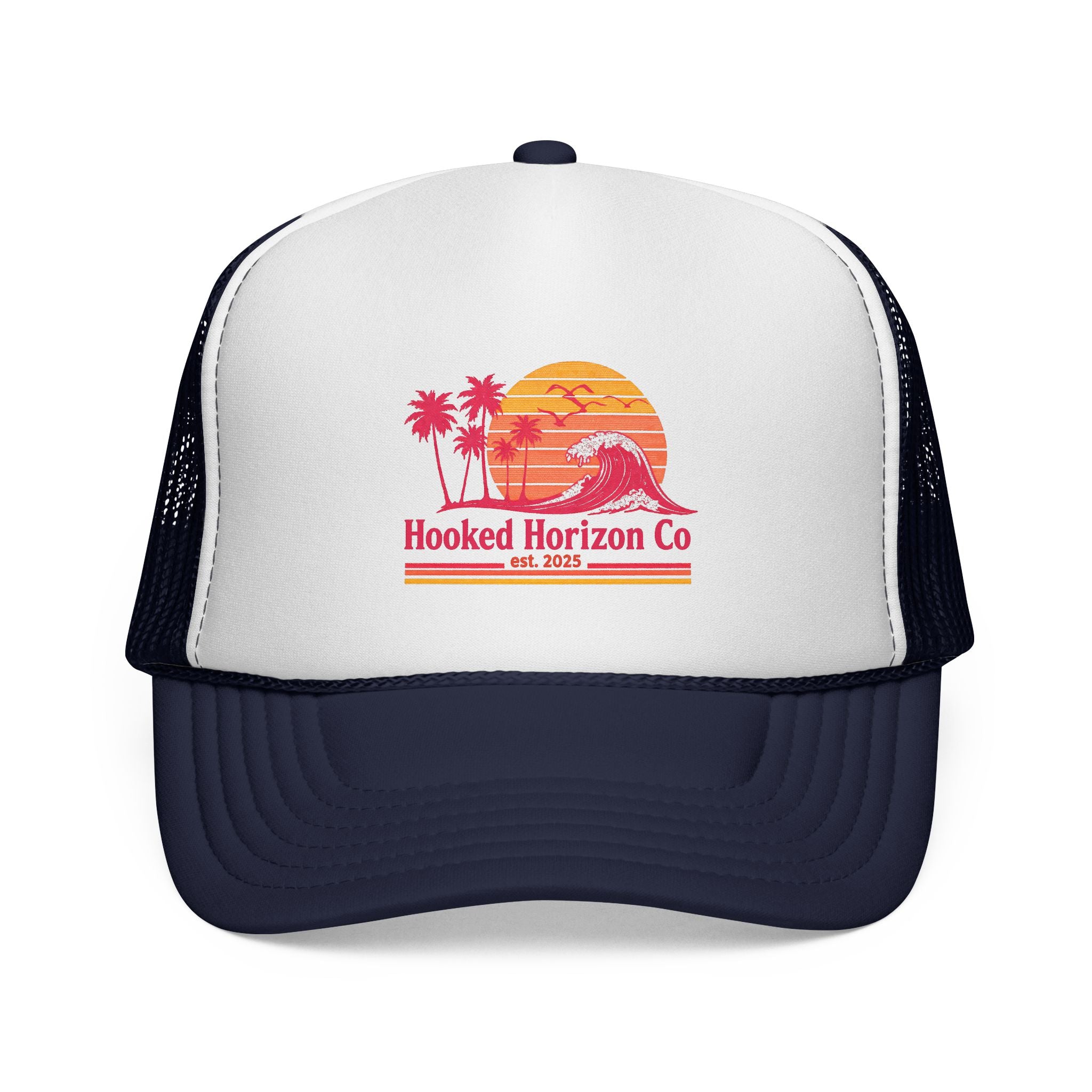 Hooked Horizon Co.  Wave, Sunset & Palm Tree 90s Inspired Trucker Cap — Outdoor & Beach Hat Ocean Conservation Gifts For Him & Her