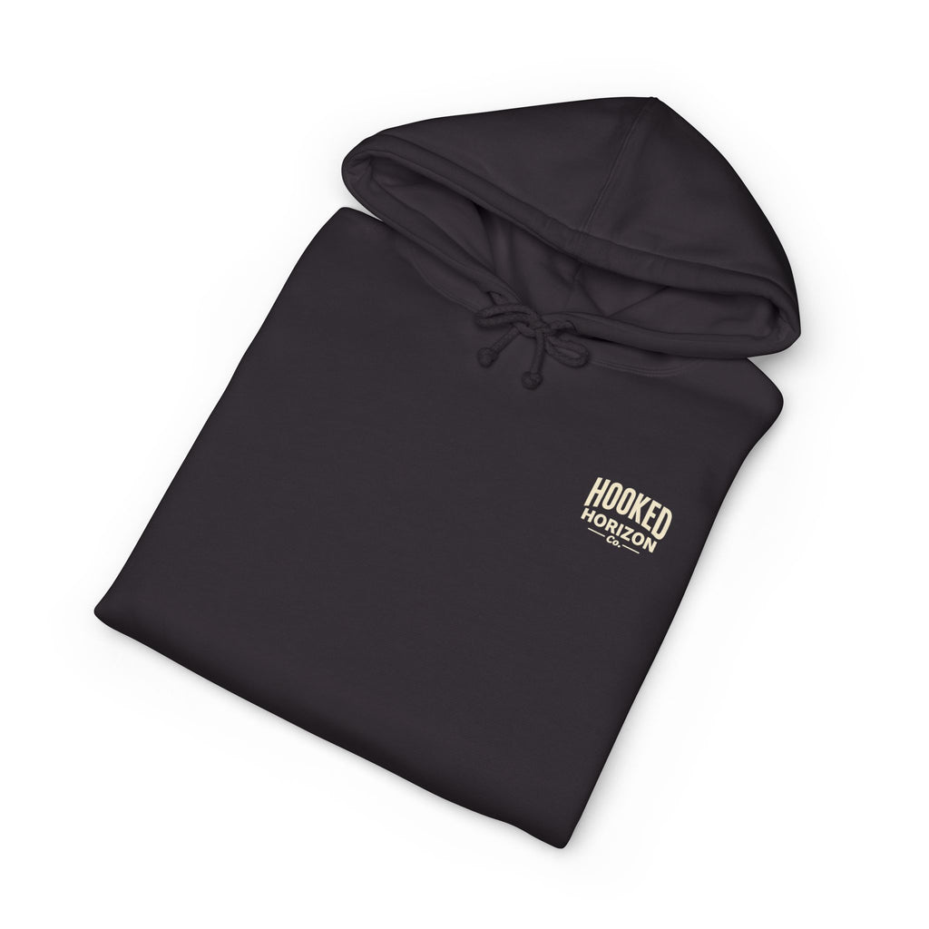 Dog & Sunset Hoodie Hooked Horizon Co. — Minimal Fishing Back Graphic Hoodie, Multiple Color Variations