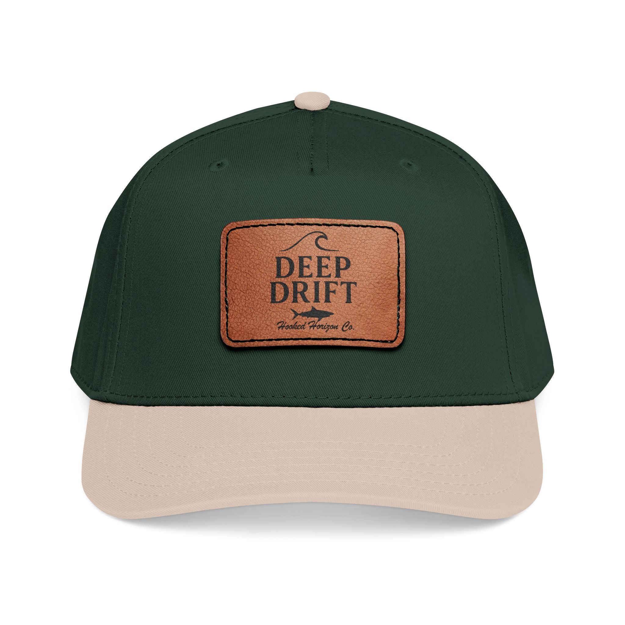 "Deep Drift" Shark Wave Leather Patch Baseball Cap — Hooked Horizon Co. Ocean Wave Logo, Multiple Color Variations