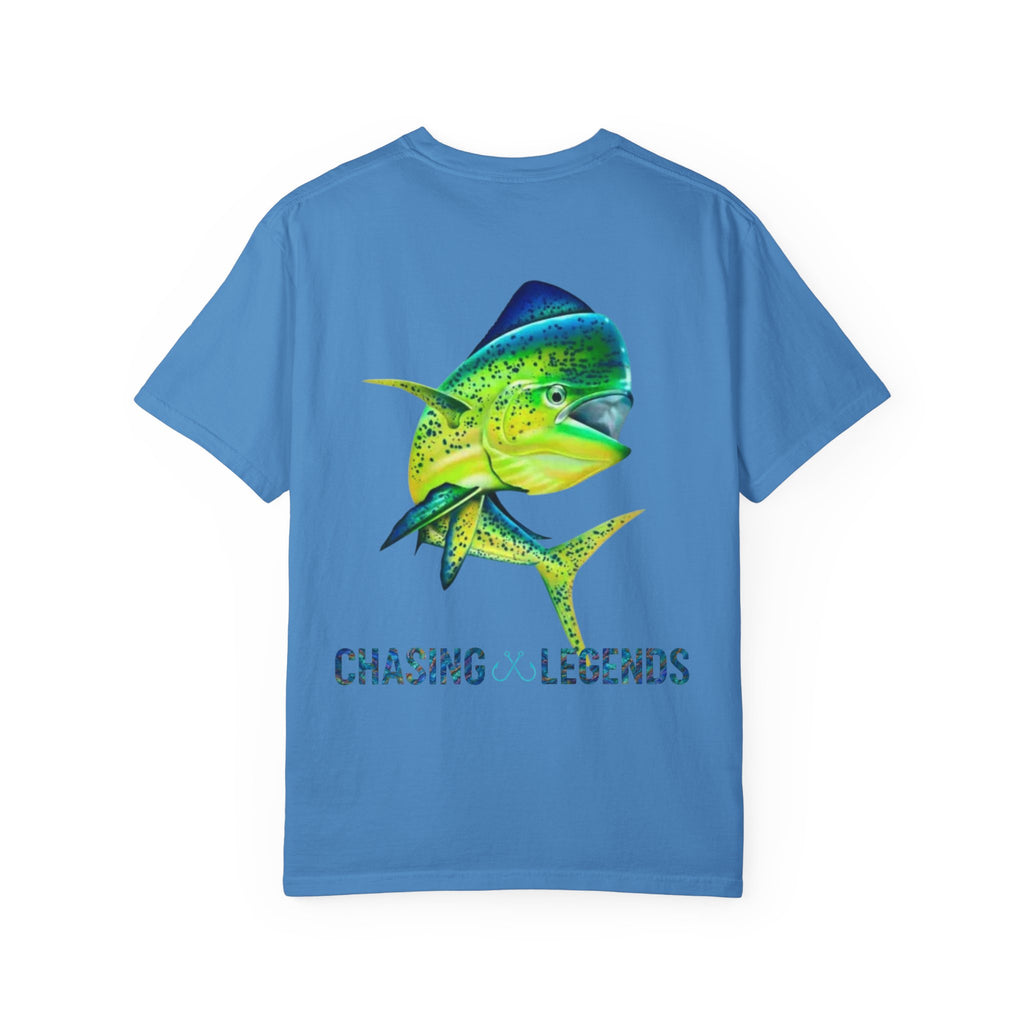 Mahi Mahi Hooked Horizon Co. — "Chasing Legends" Deep Drift Fishing Graphicishing Tee for Angler Lovers, Shark Lovers, Ocean Tee