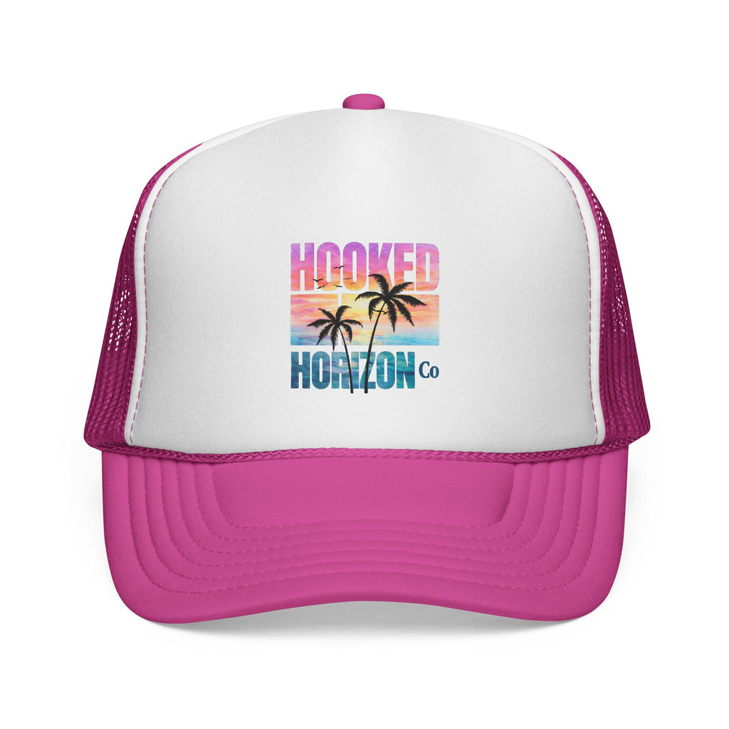 Hooked Horizon Co.  Sunset & Palm Tree 90s Inspired Trucker Cap — Outdoor & Beach Hat Ocean Conservation Gifts For Him & Her