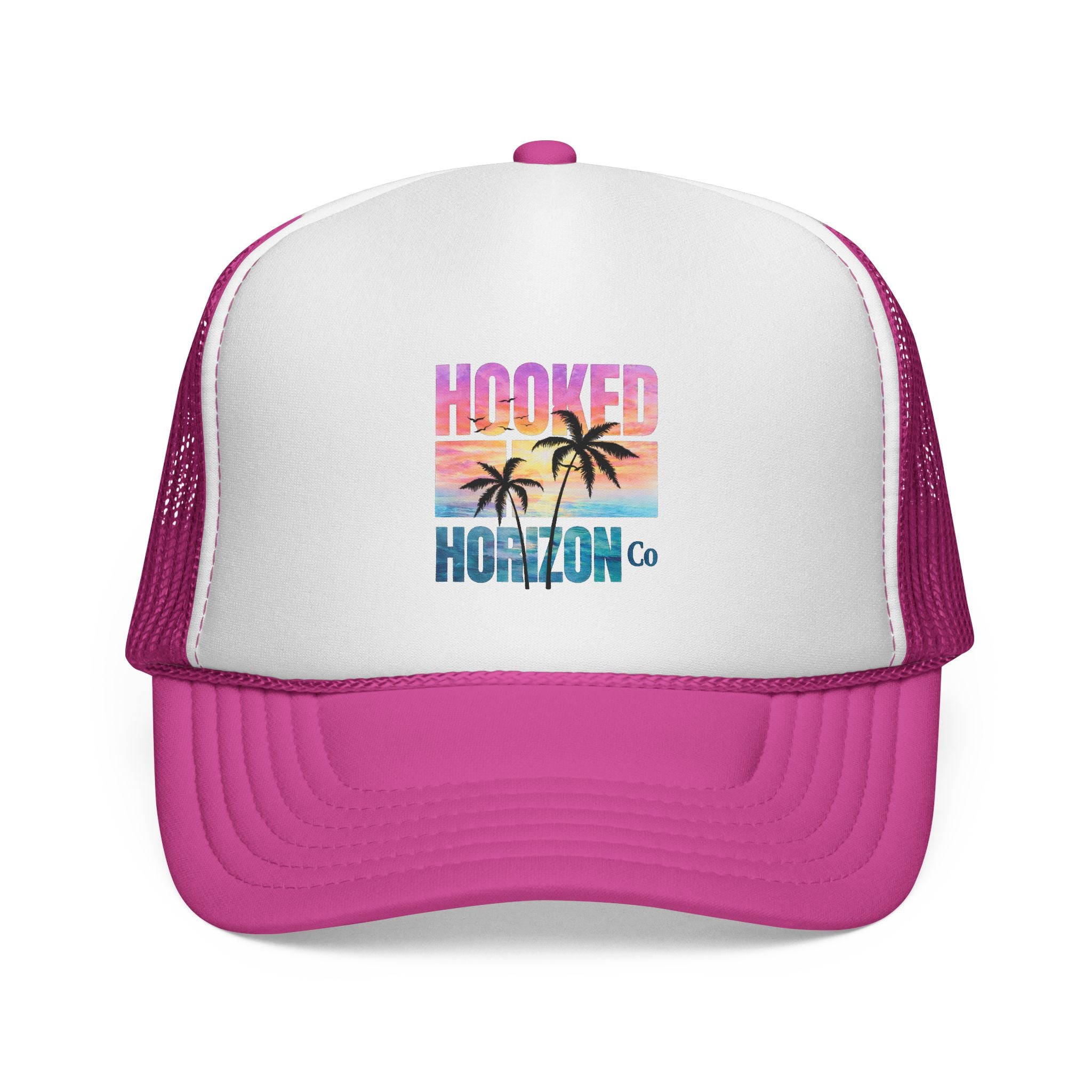 Hooked Horizon Co.  Sunset & Palm Tree 90s Inspired Trucker Cap — Outdoor & Beach Hat Ocean Conservation Gifts For Him & Her