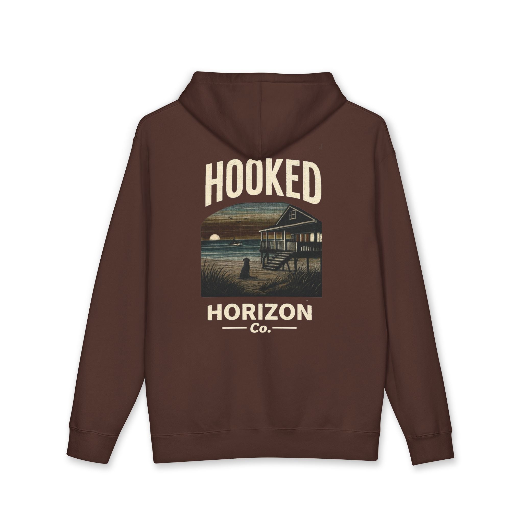 Dog & Sunset Hoodie Hooked Horizon Co. — Minimal Fishing Back Graphic Hoodie, Multiple Color Variations