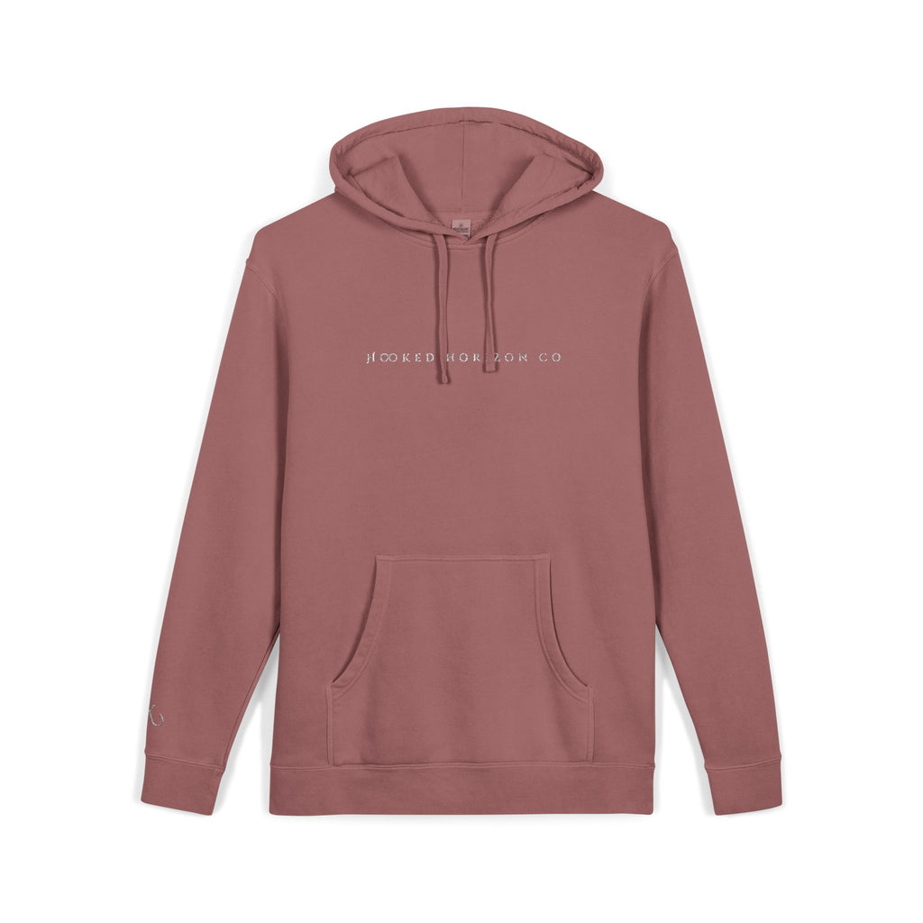 Hooked Horizon Co — Minimal Distrissed Hoodie — Distressed Tiny Text Pigment-Dyed Sweatshirt