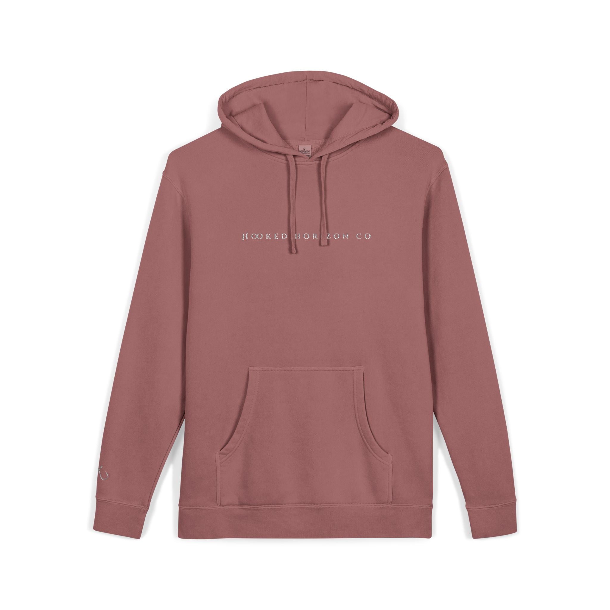 Hooked Horizon Co — Minimal Distrissed Hoodie — Distressed Tiny Text Pigment-Dyed Sweatshirt
