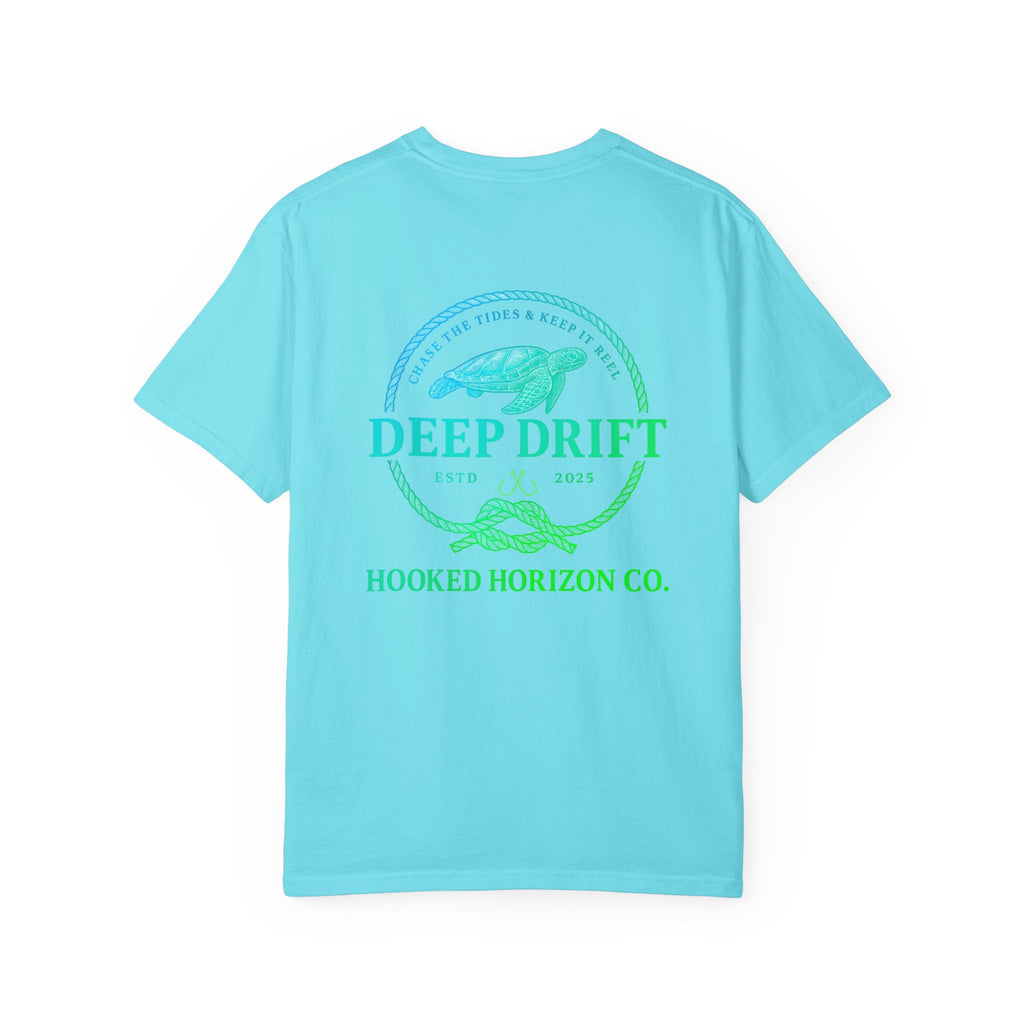 Deep Drift Fishing T-Shirt - Green & Blue Fishing Tee for Angler Lovers, Hammer Head Shark, Ocean Tee