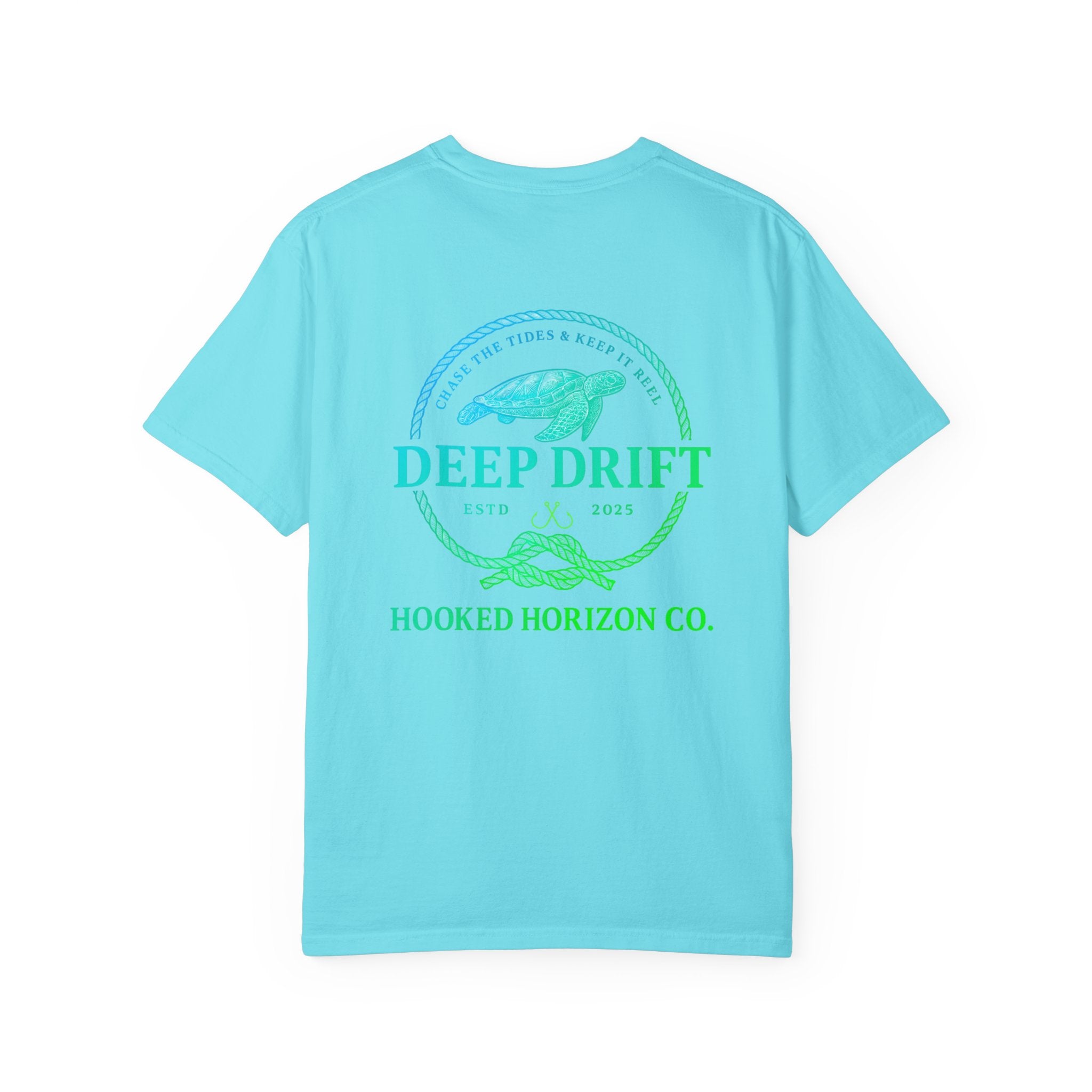 Deep Drift Fishing T-Shirt - Green & Blue Fishing Tee for Angler Lovers, Hammer Head Shark, Ocean Tee