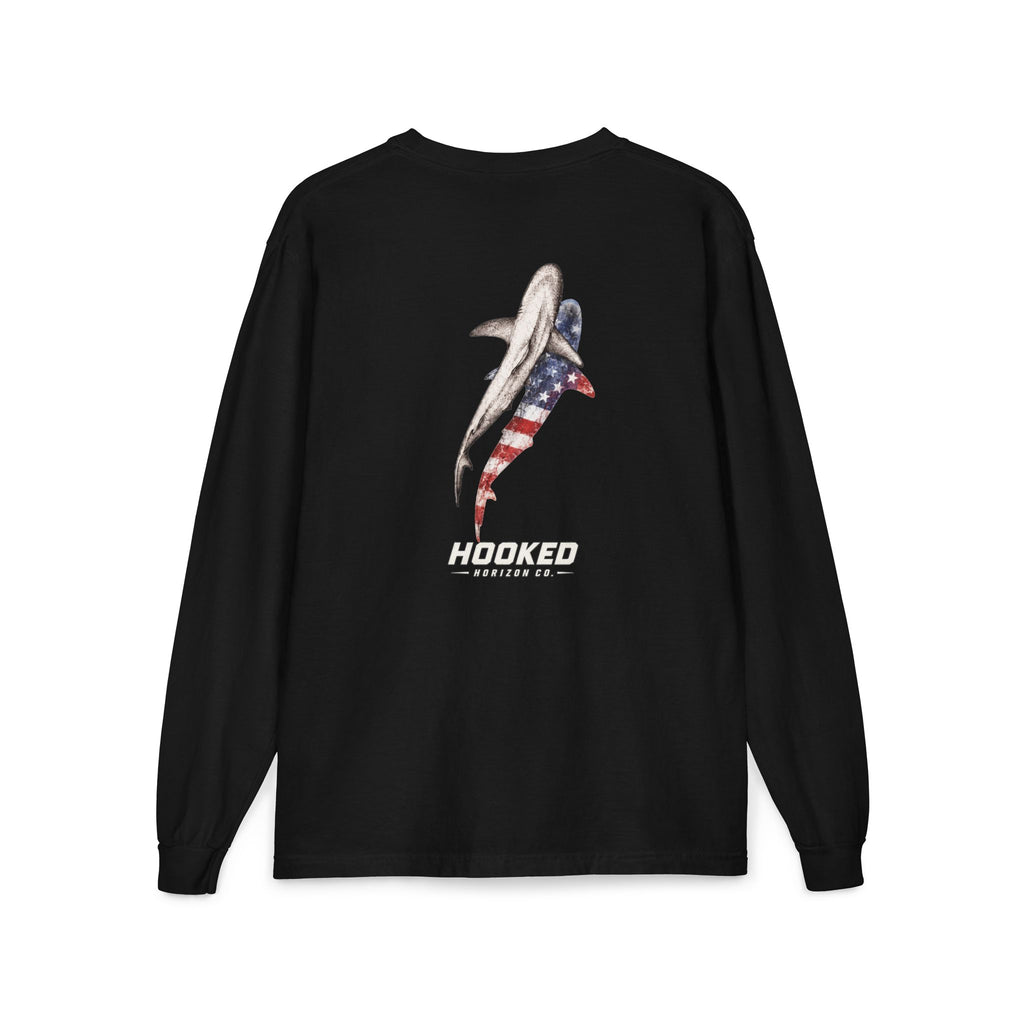 USA Shark Hooked Horizon Co.  Classic Logo Unisex Long Sleeve Pocket T-Shirt