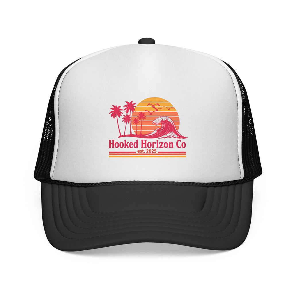 Hooked Horizon Co.  Wave, Sunset & Palm Tree 90s Inspired Trucker Cap — Outdoor & Beach Hat Ocean Conservation Gifts For Him & Her