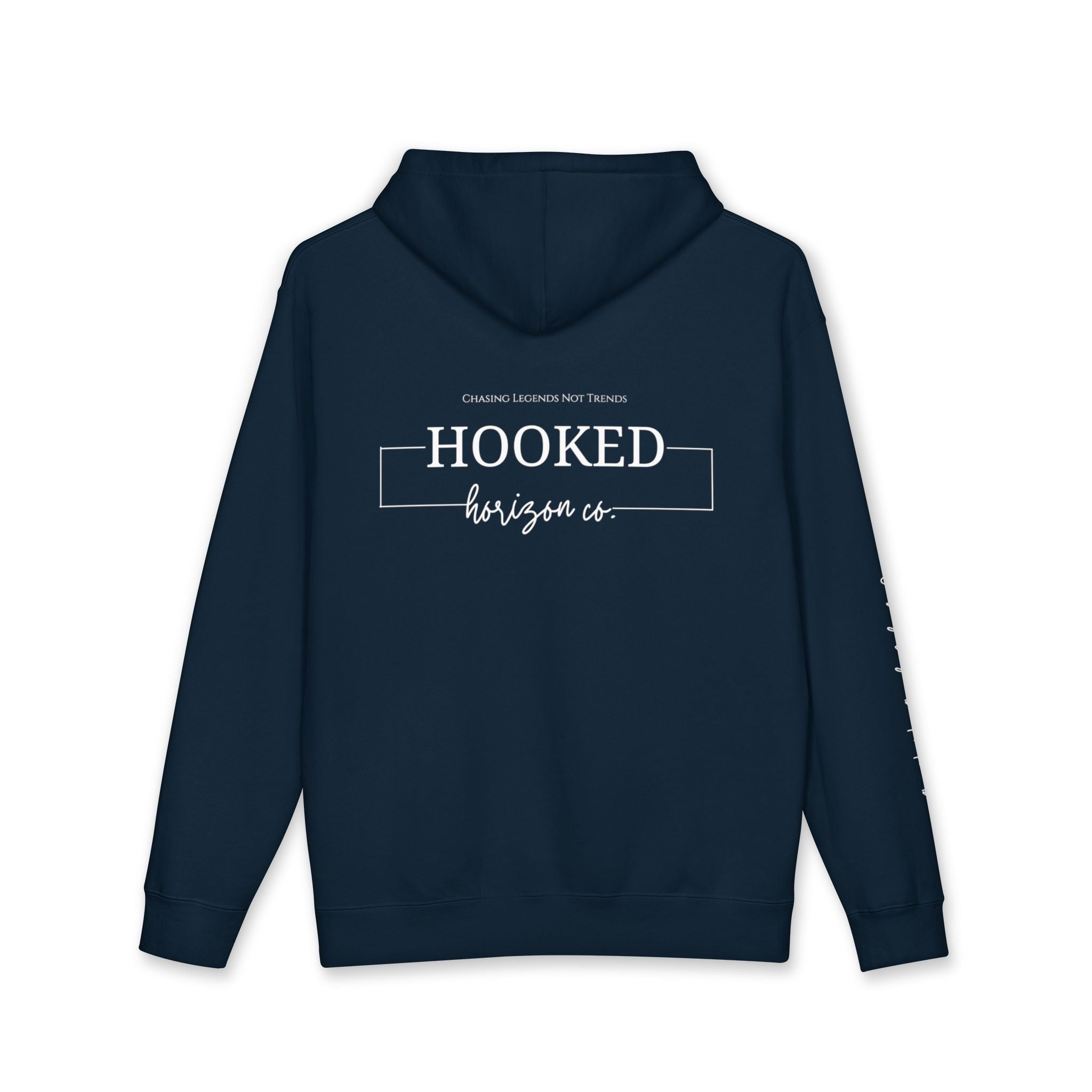 Chasing Legends Not Trends Hoodie Hooked Horizon Co. — Minimal Fishing Back Graphic Hoodie, Multiple Color Variations