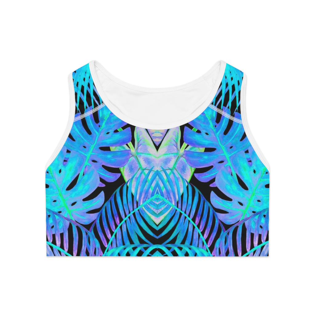 Tropical Blue Feather Palm Sports Bra —Hooked Horizon Co. Stylish Sports Bra for Activewear, Workout Top, Gym Essential, Fitness Apparel, Athleisure Wear, Yoga Gear