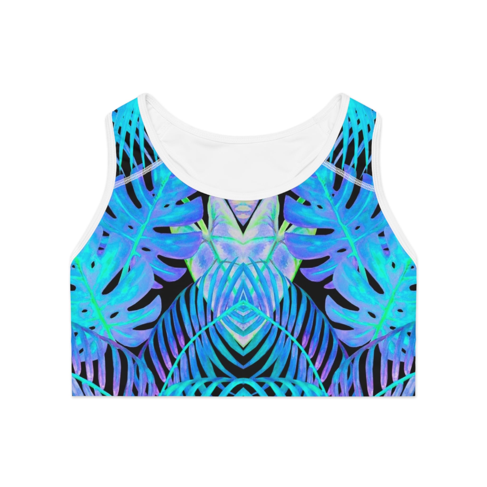 Tropical Blue Feather Palm Sports Bra —Hooked Horizon Co. Stylish Sports Bra for Activewear, Workout Top, Gym Essential, Fitness Apparel, Athleisure Wear, Yoga Gear