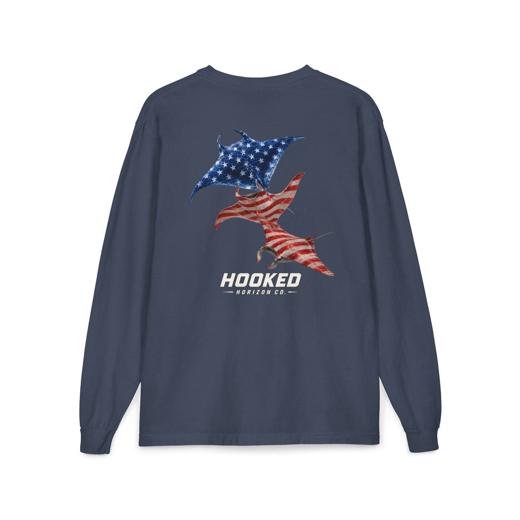 USA Manta Ray Hooked Horizon Co.  Classic Logo Unisex Long Sleeve Pocket T-Shirt