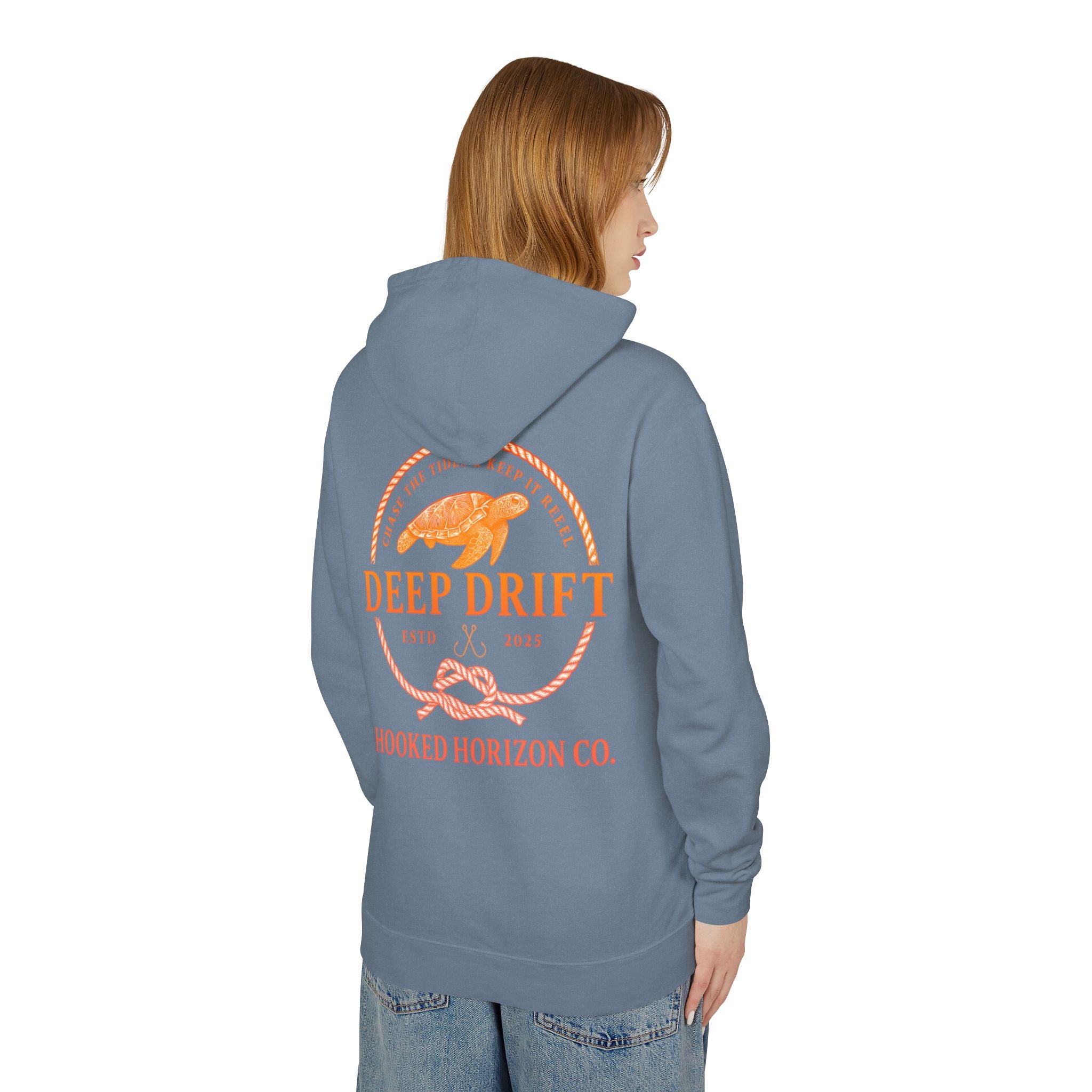Orange Hooked Horizon Co Unisex Lightweight Hoodie with Deep Drift Design | Perfect for Fishermen, Beach Lovers, Casual Outings, Gift for Him/Her, Nautical Style,  Ocean Lover Gifts