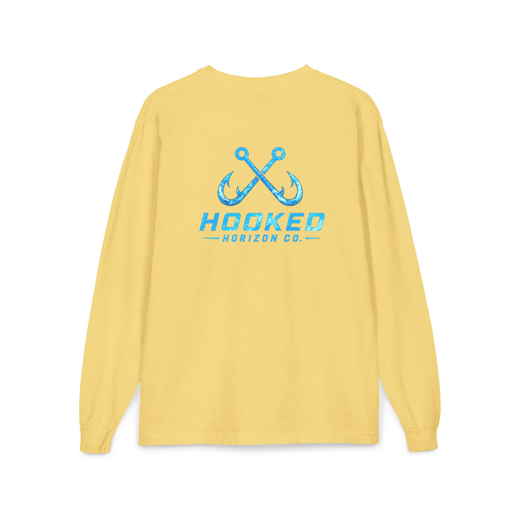 Bright Blue Hooked Horizon Co.  Classic Logo Unisex Long Sleeve Pocket T-Shirt