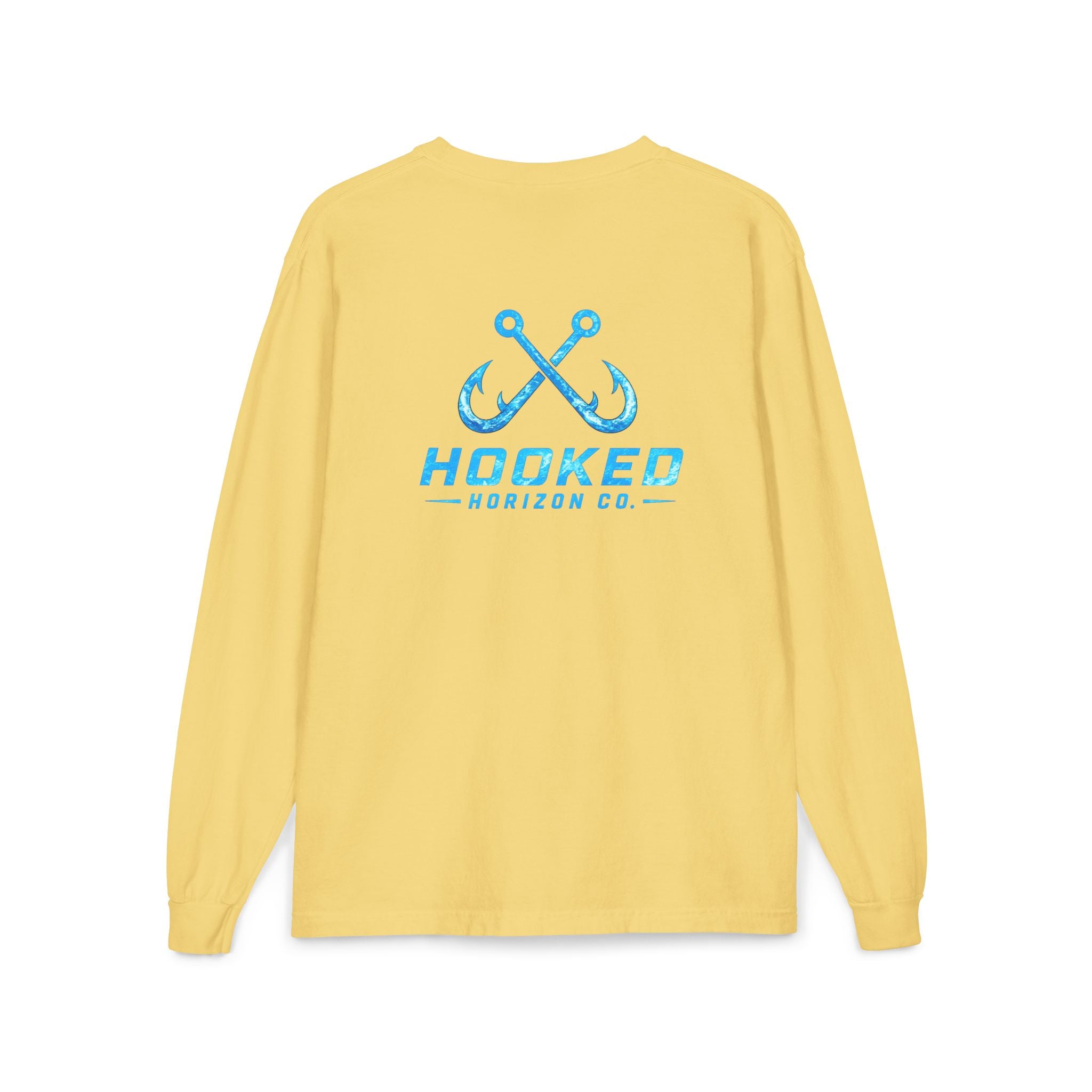 Bright Blue Hooked Horizon Co.  Classic Logo Unisex Long Sleeve Pocket T-Shirt