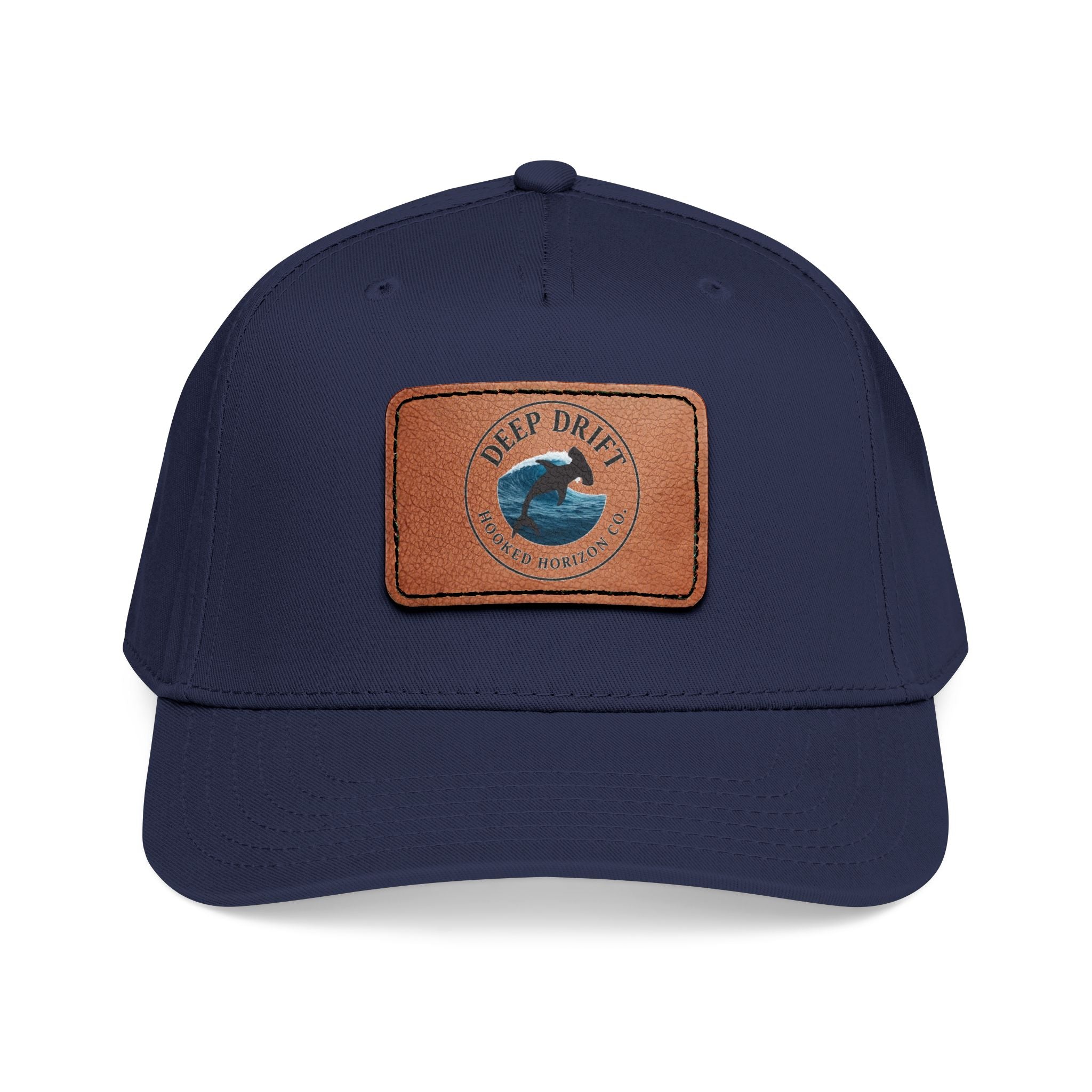 Deep Drift Leather Patch Baseball Cap — Hooked Horizon Co. Ocean Wave Logo, Multiple Color Variations
