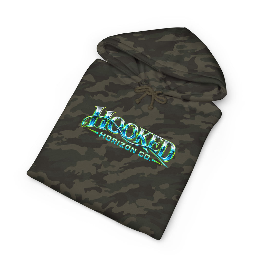 Barracuda Like Green Logo Hoodie—Hooked Horizon Co. — Fishing Back Graphic Hoodie, Multiple Color Variations