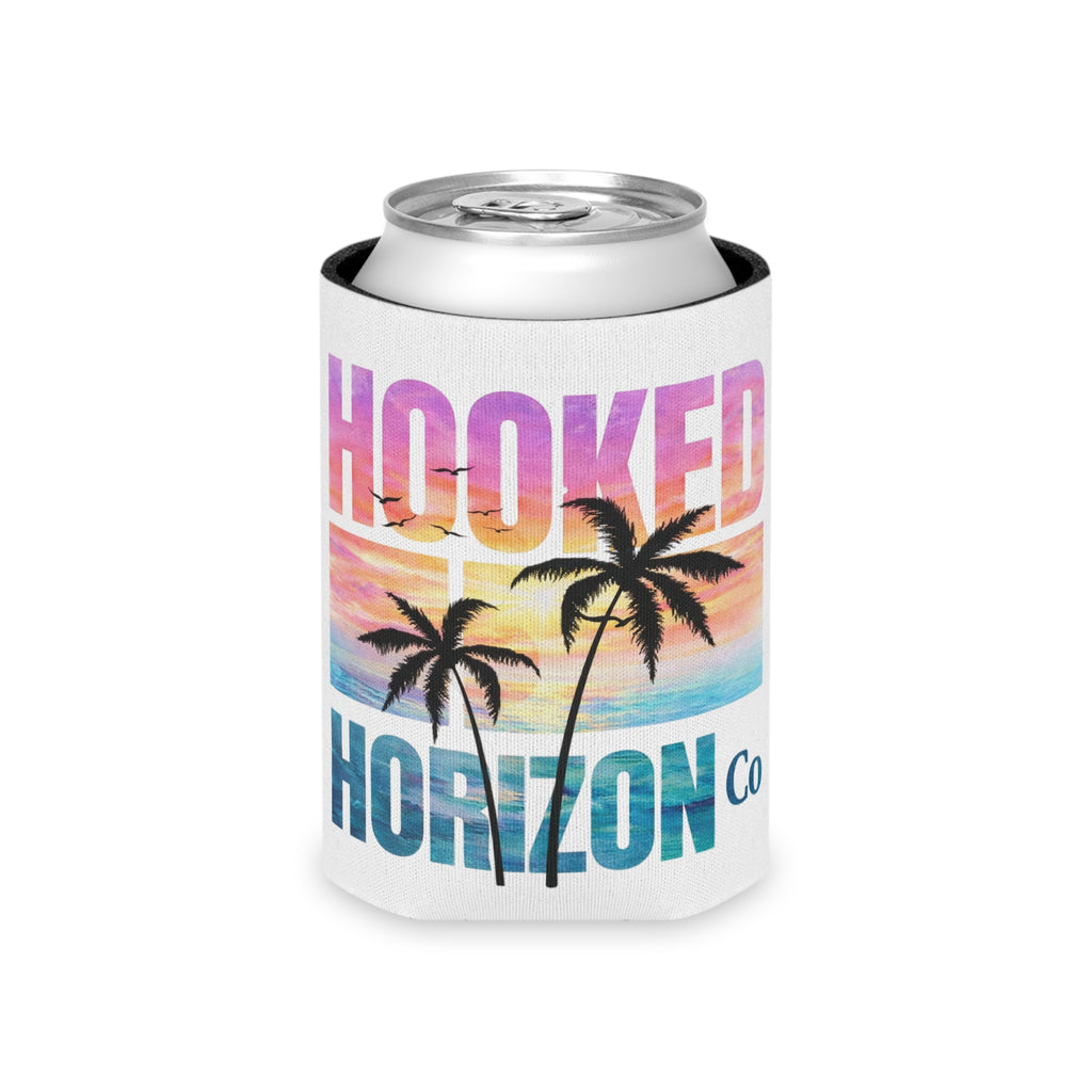 Hooked Horizon Co. Sunset & Palm Tree 90s Inspired Can Cooler – Tropical Sunset Palm Beverage Koozie