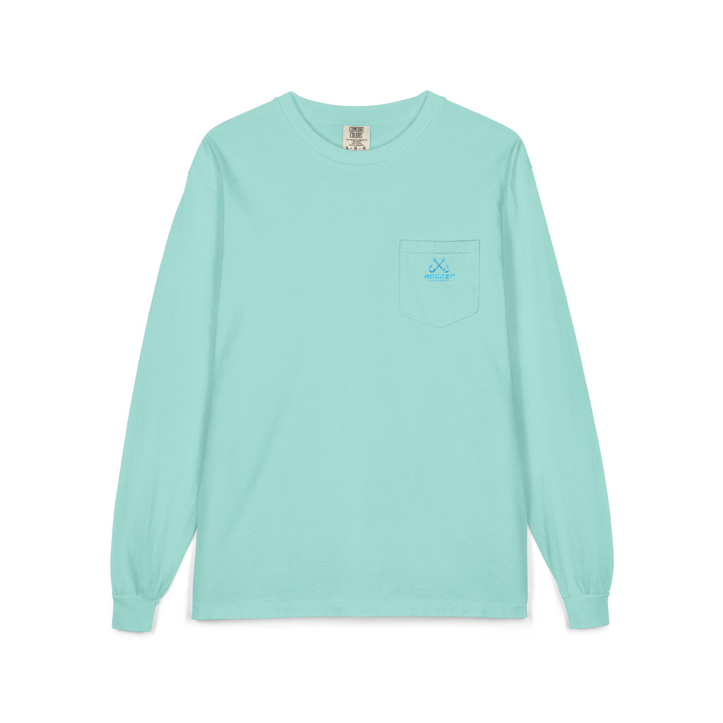 Bright Blue Hooked Horizon Co.  Classic Logo Unisex Long Sleeve Pocket T-Shirt
