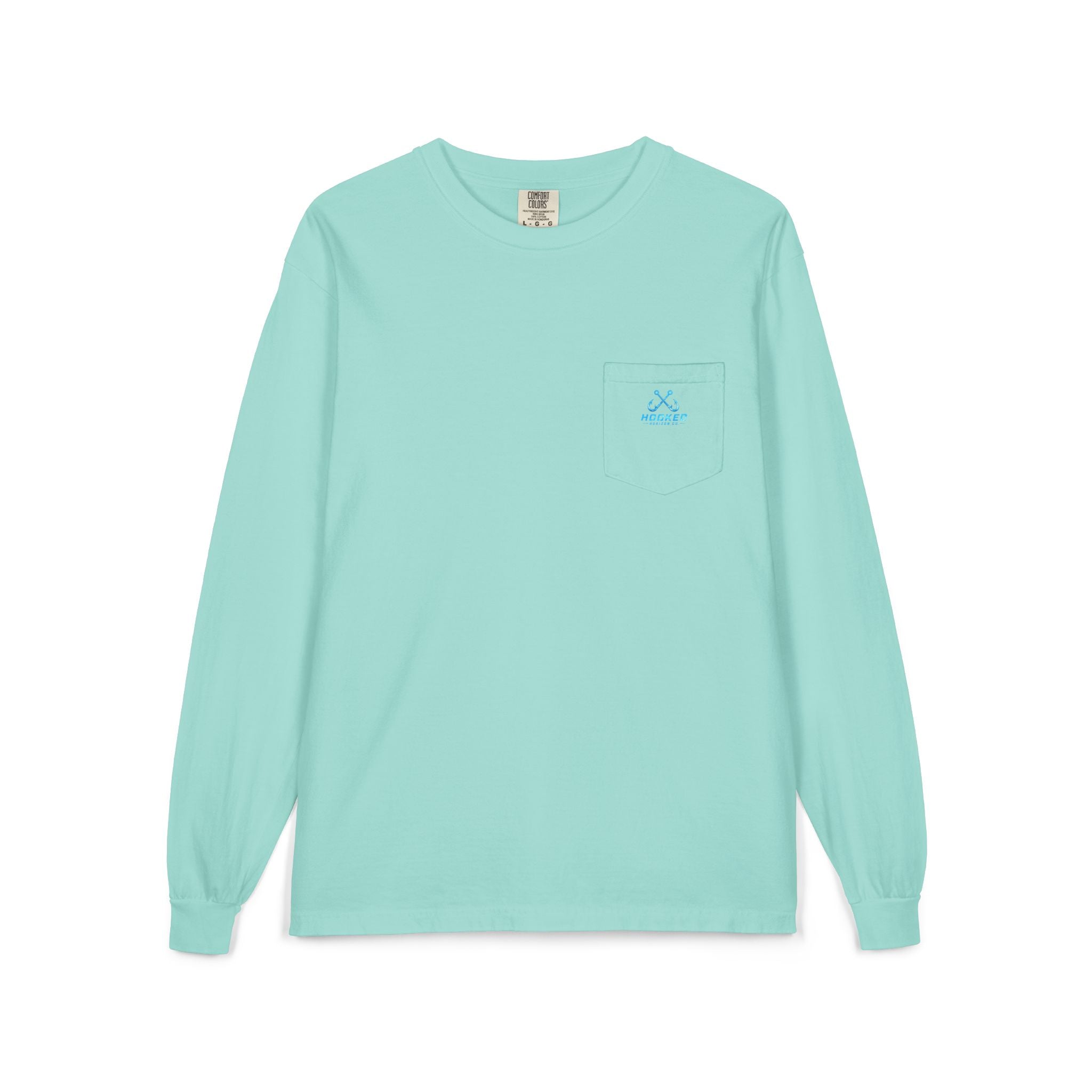 Bright Blue Hooked Horizon Co.  Classic Logo Unisex Long Sleeve Pocket T-Shirt