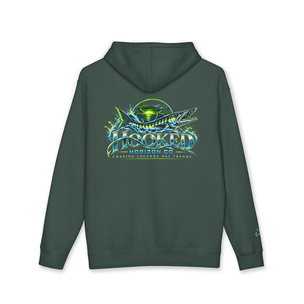 Barracuda Like Green Logo Hoodie—Hooked Horizon Co. — Fishing Back Graphic Hoodie, Multiple Color Variations