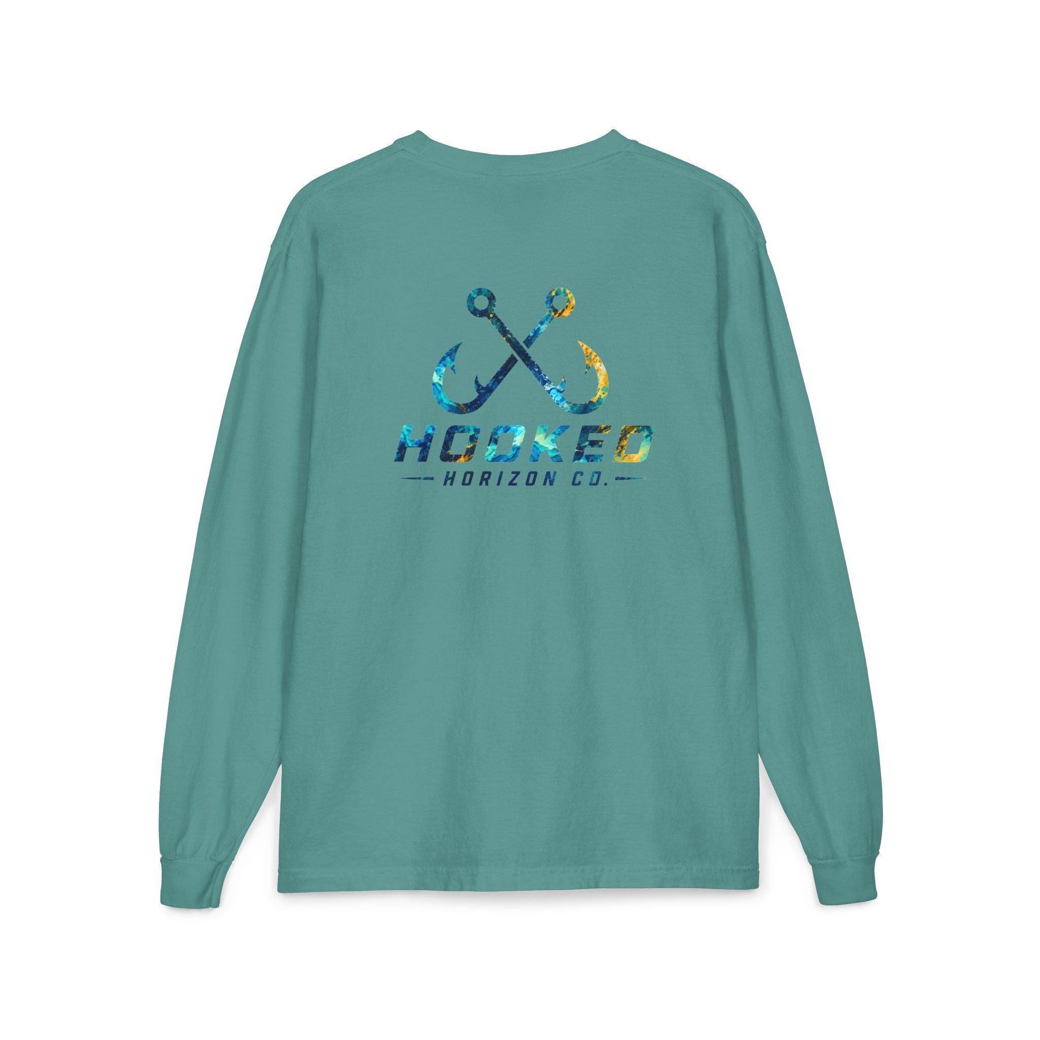 Blue & Gold Hooked Horizon Co.  Classic Logo Unisex Long Sleeve Pocket T-Shirt