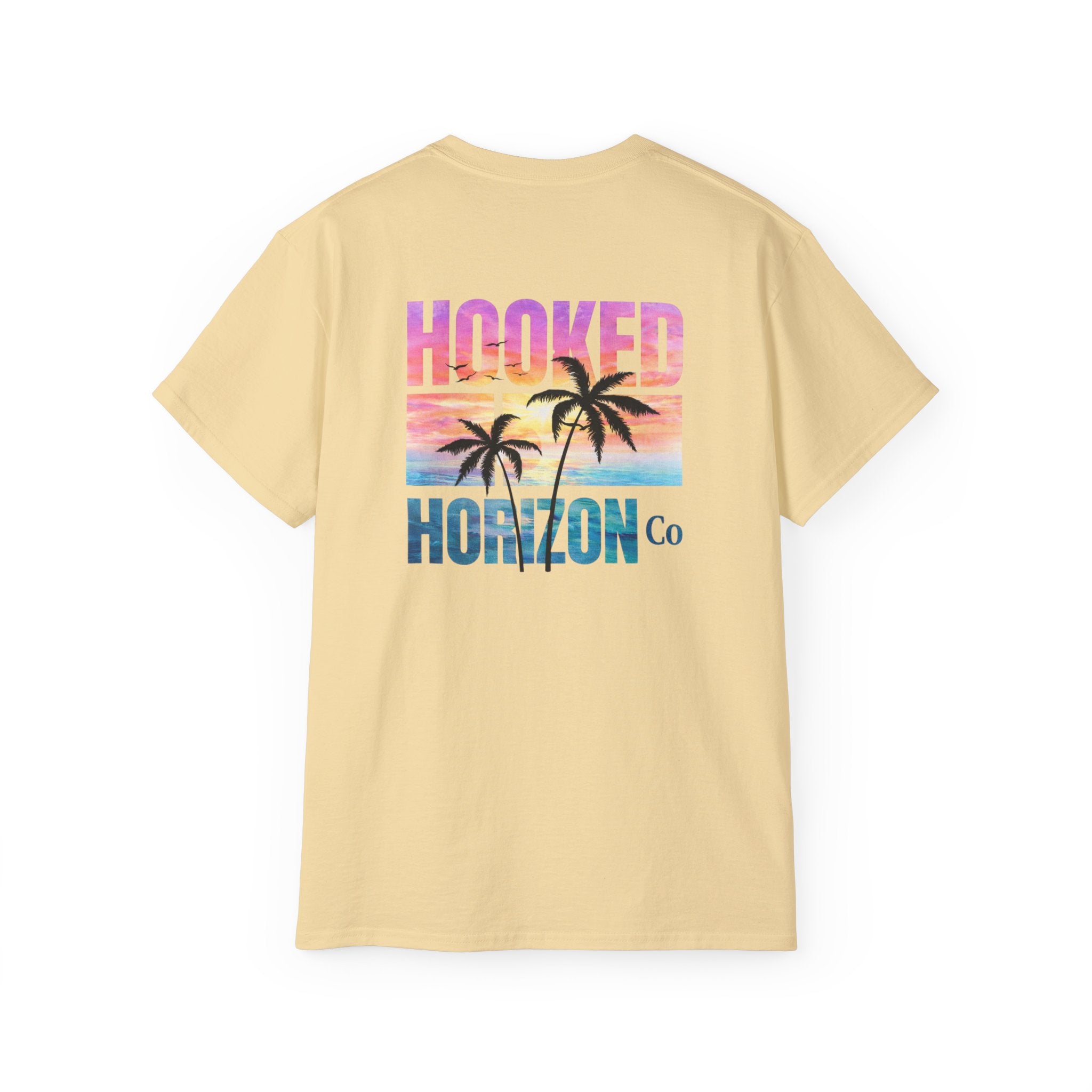 Sunset & Palm Tree T-Shirt — "Hooked" Boat & Horizon Graphic Tee, Multiple Color Variations