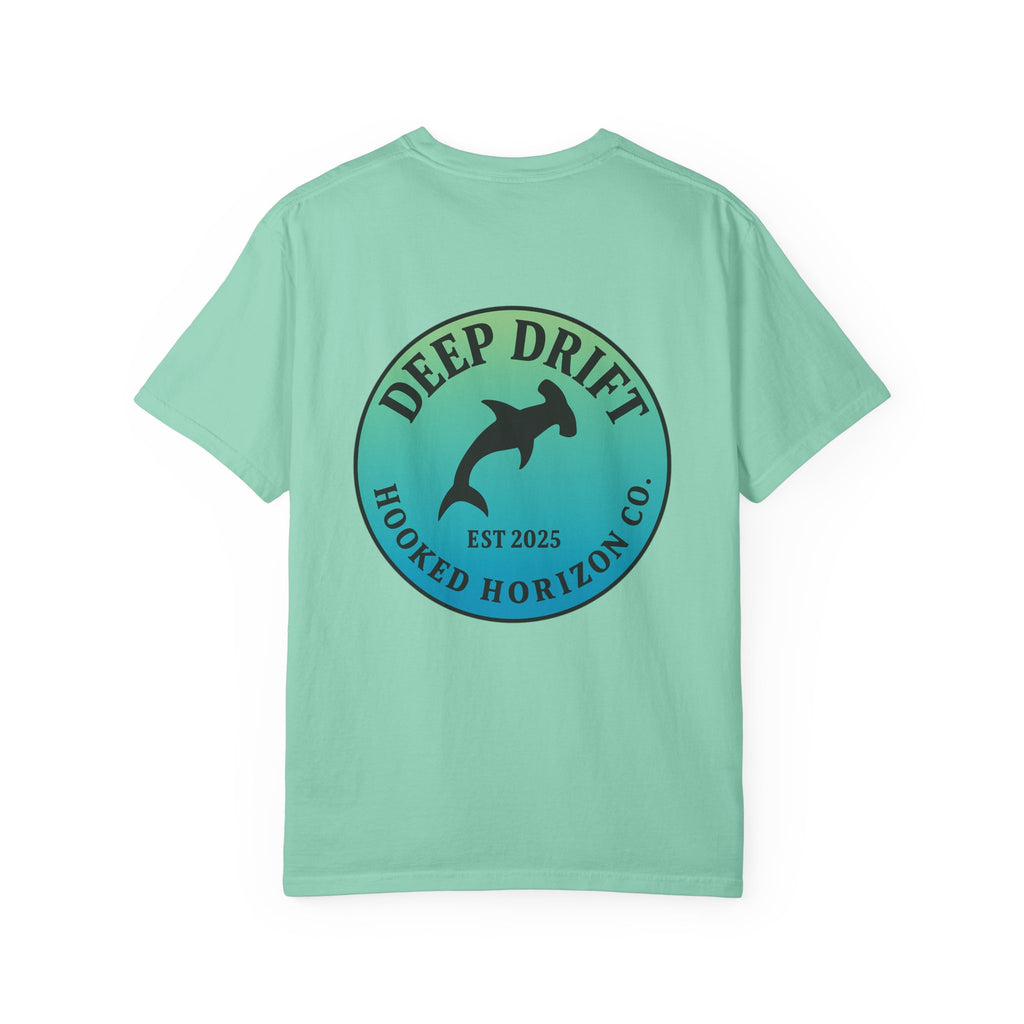 Deep Drift Fishing T-Shirt - Green & Blue Fishing Tee for Angler Lovers, Hammer Head Shark, Ocean Tee