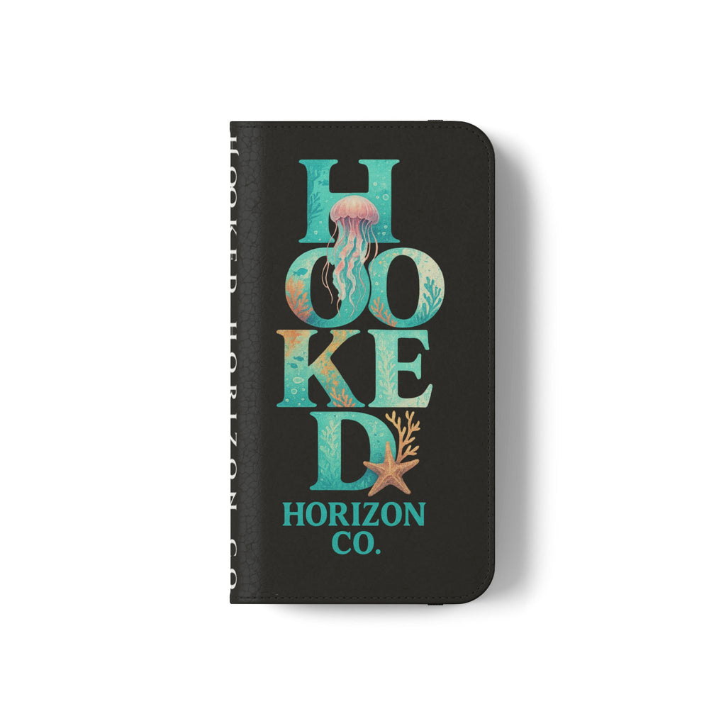 Turtle Hooked Horizon Co Flip Phone Case — Turquoise Water Pattern Wallet Cover