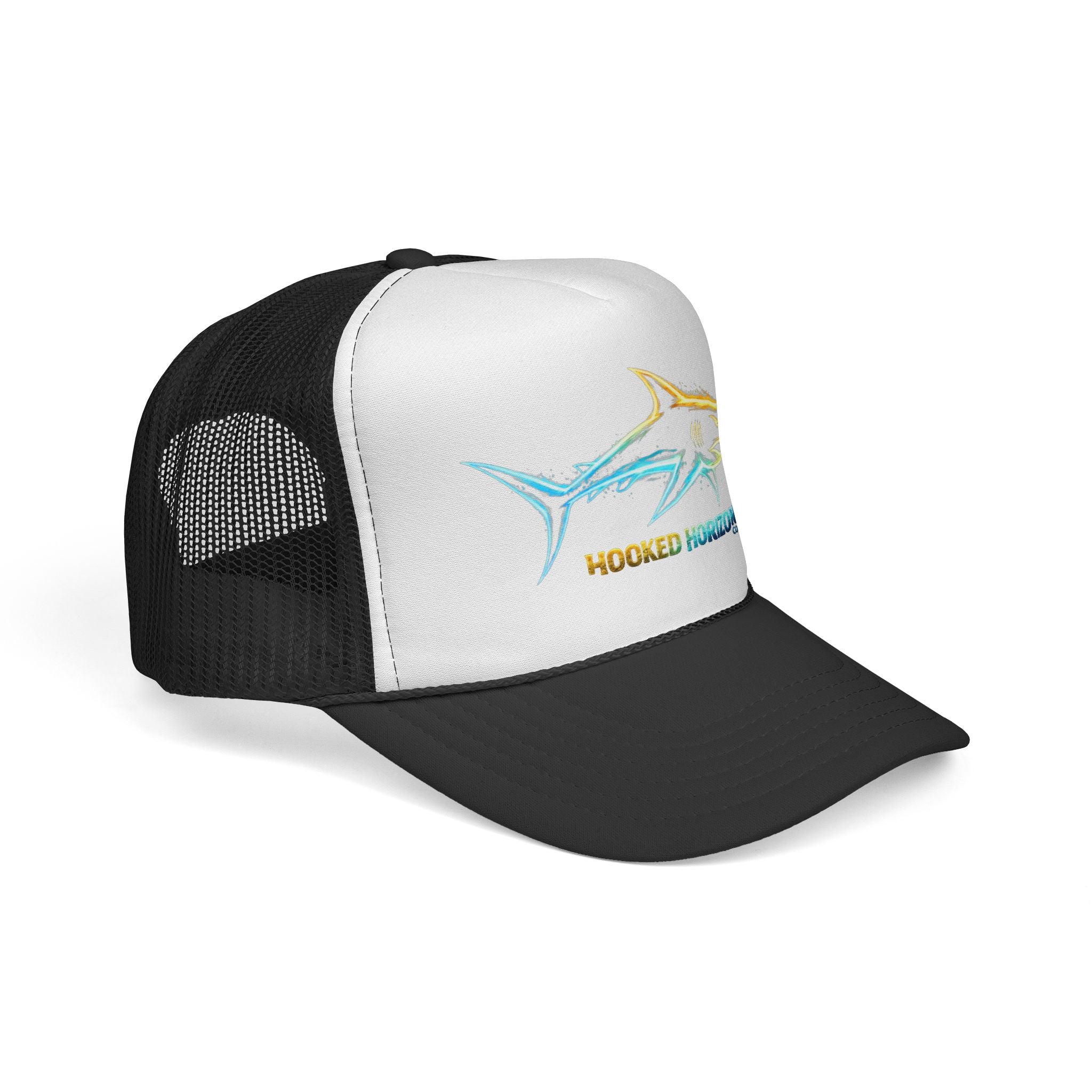 Gold & Blue Shark Trucker Cap — Fishing & Beach Hat