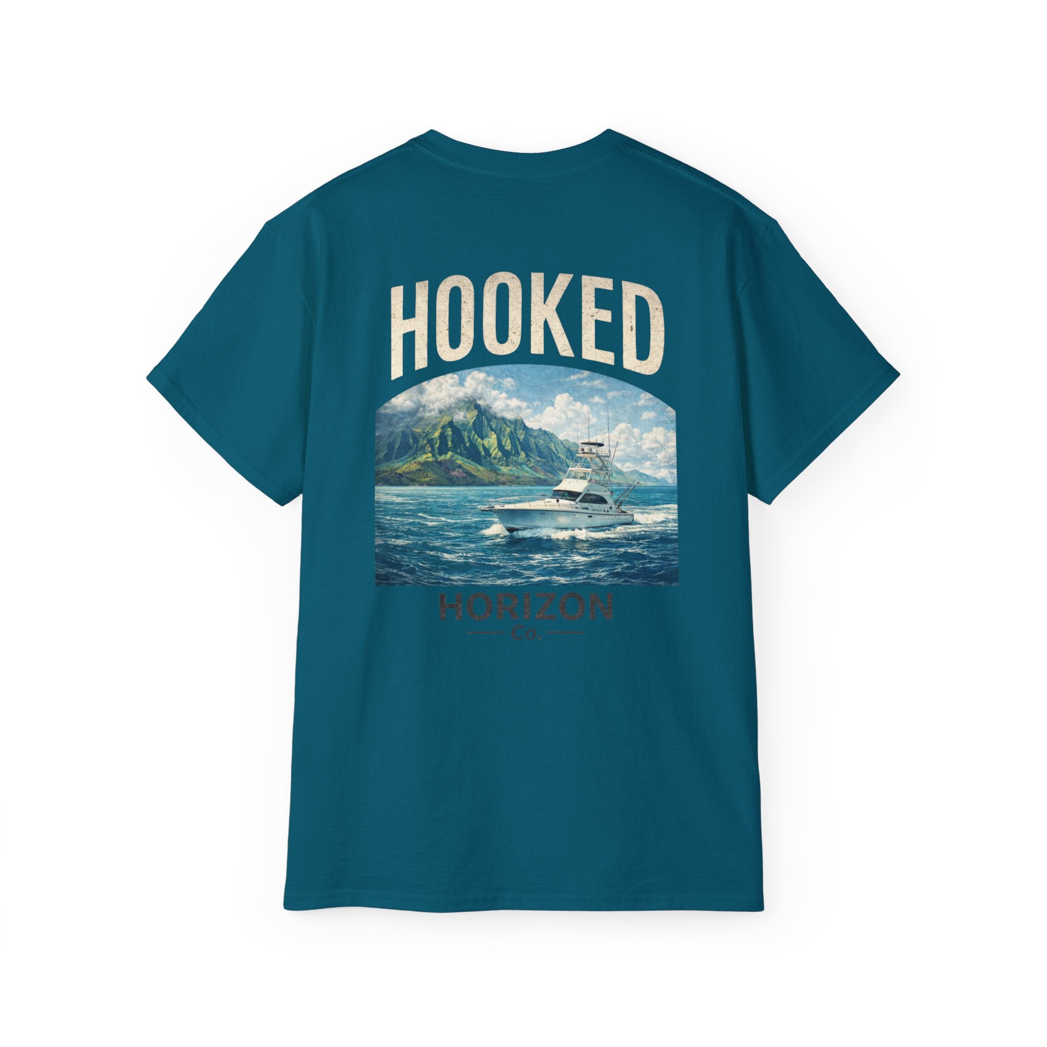Fishing Charter T-Shirt — "Hooked" Boat & Horizon Graphic Tee, Multiple Color Variations