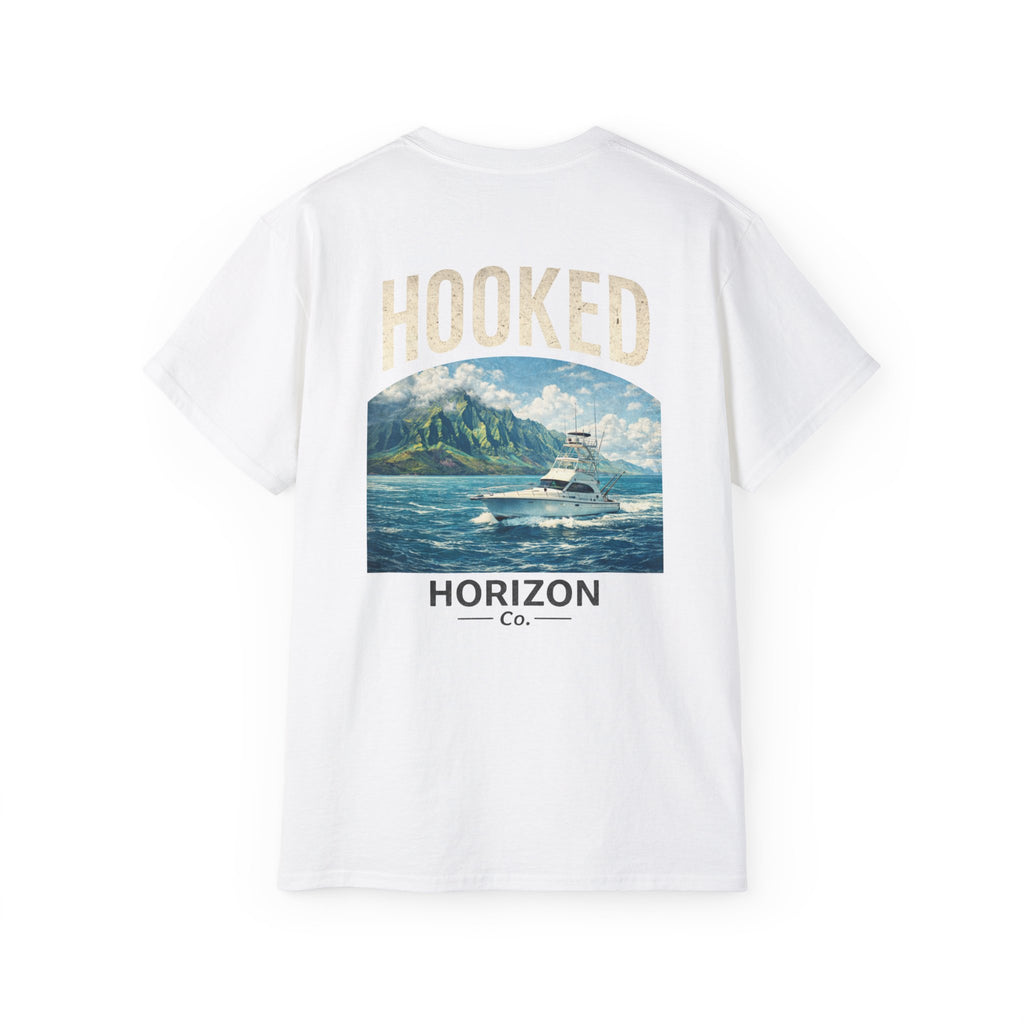 Fishing Charter T-Shirt — "Hooked" Boat & Horizon Graphic Tee, Multiple Color Variations