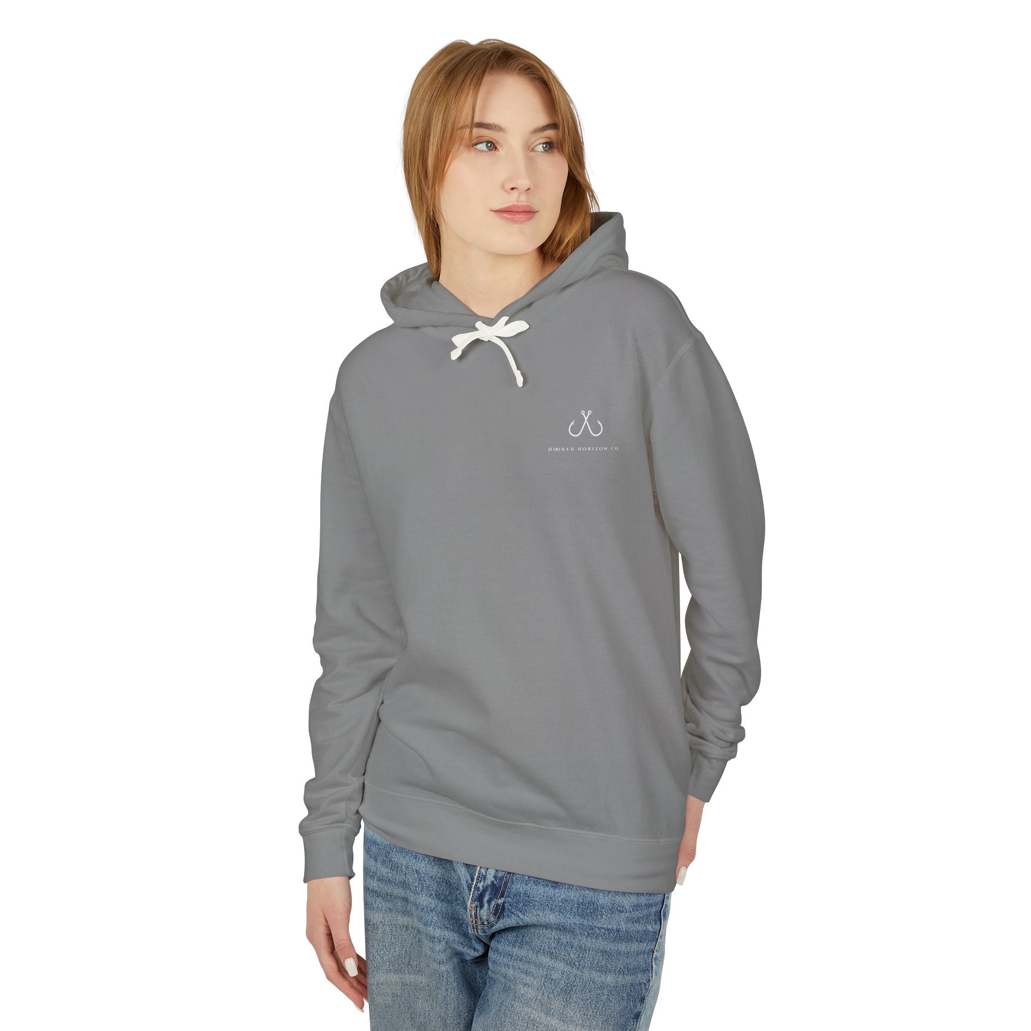 Orange Hooked Horizon Co Unisex Lightweight Hoodie with Deep Drift Design | Perfect for Fishermen, Beach Lovers, Casual Outings, Gift for Him/Her, Nautical Style,  Ocean Lover Gifts