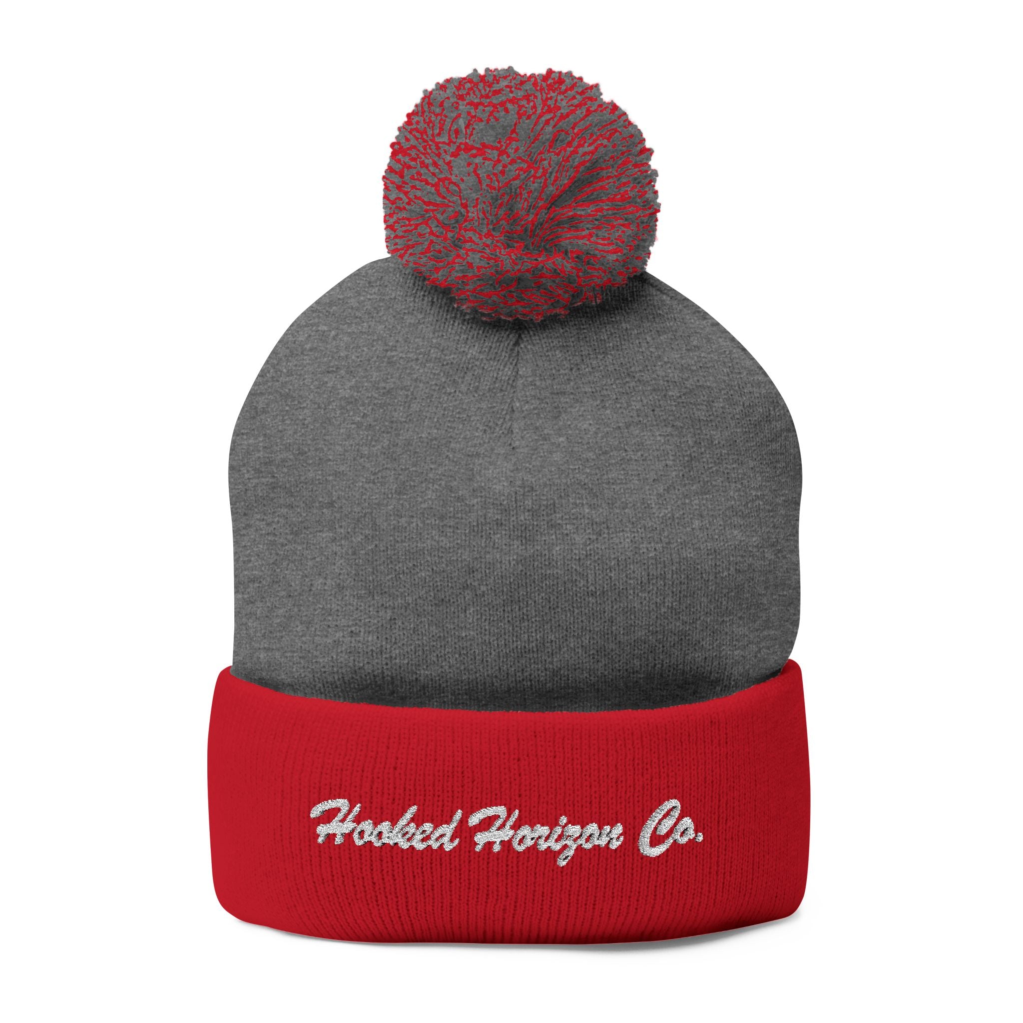 Hooked Horizon Co. Embroidered Pom-Pom Knit Cap — Cozy Grey Beanie with Multiple Color Variations