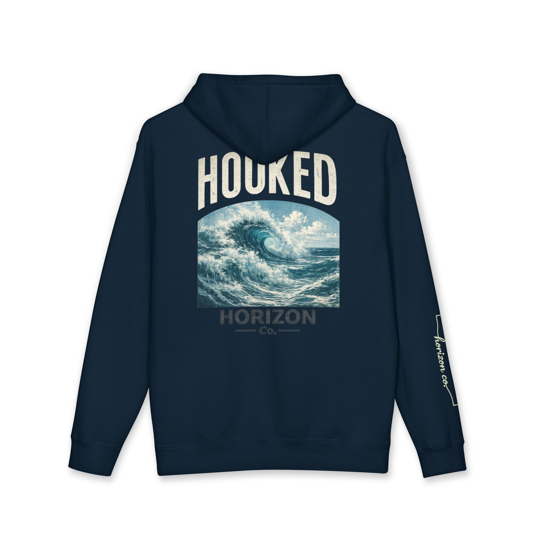 Wave Hoodie Hooked Horizon Co. — Minimal Fishing Back Graphic Hoodie, Multiple Color Variations