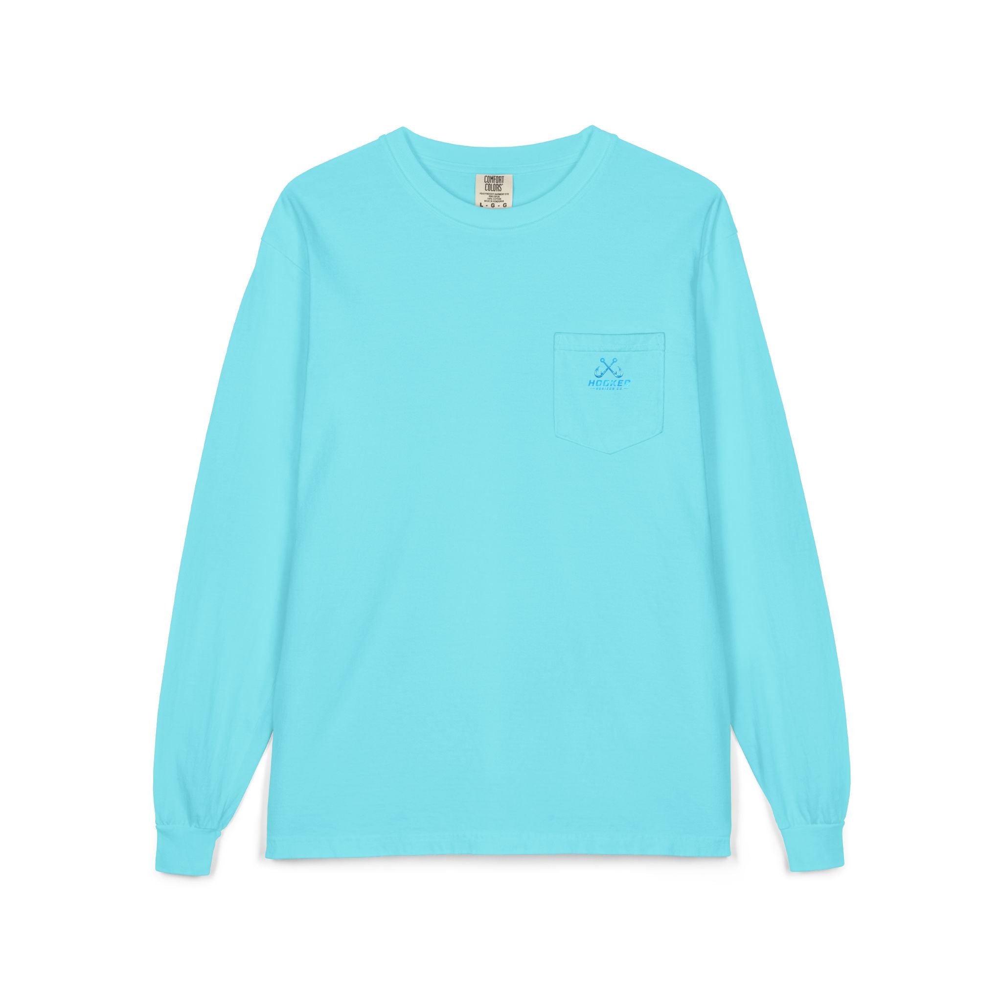 Bright Blue Hooked Horizon Co.  Classic Logo Unisex Long Sleeve Pocket T-Shirt