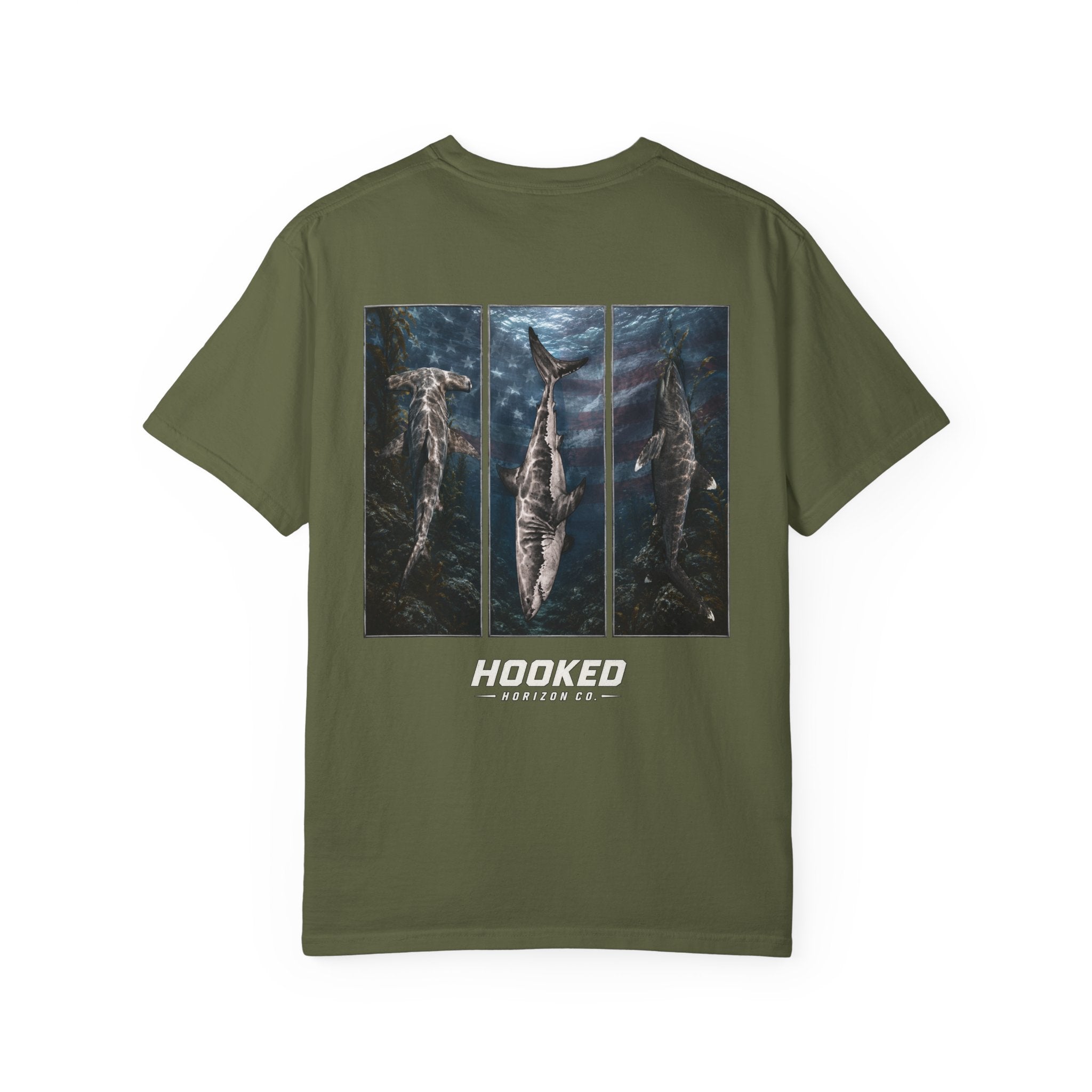 USA Triple Shark Hooked Horizon Co. — "Chasing Legends" Deep Drift Fishing Graphicishing Tee for Angler Lovers, Shark Lovers, Ocean Tee