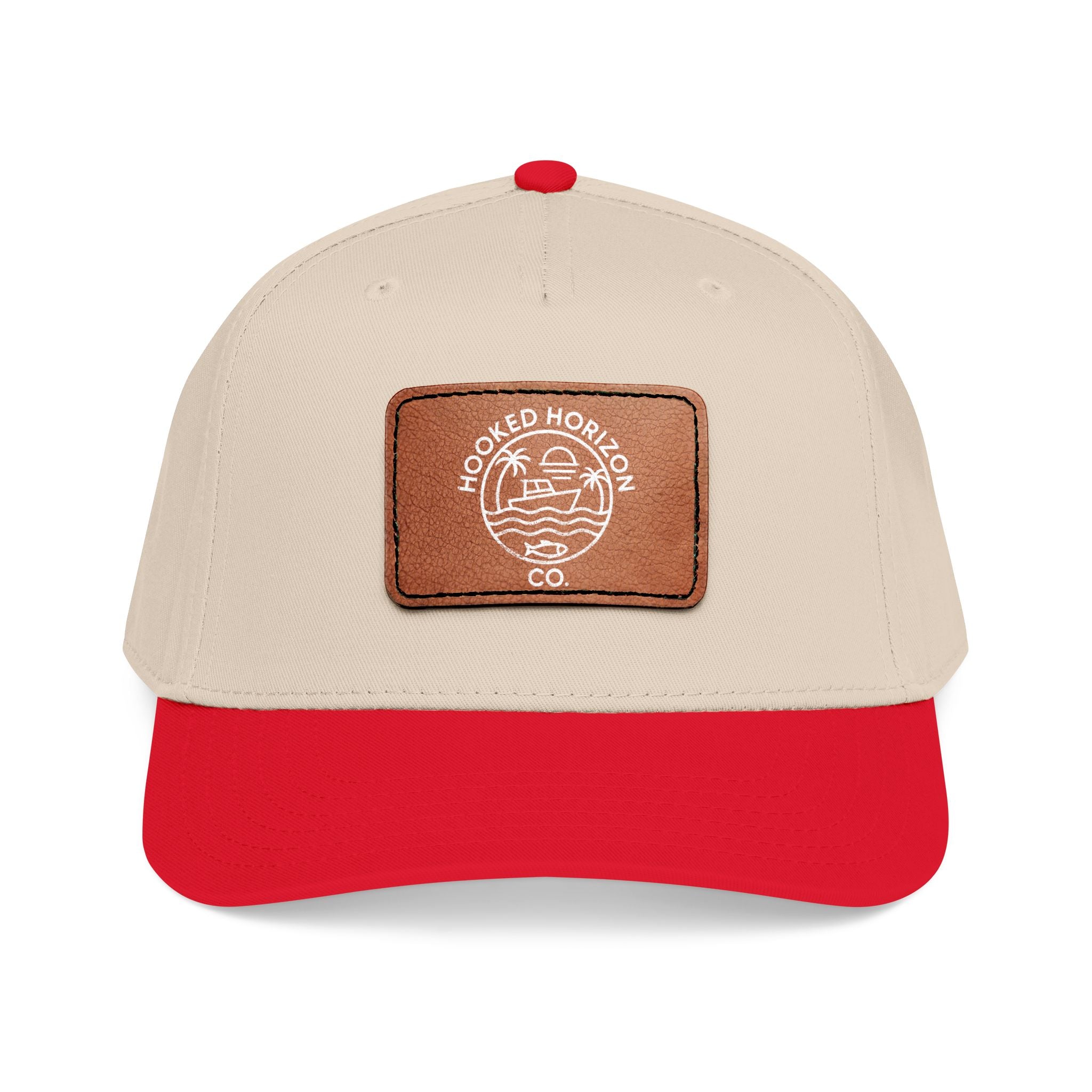 Hooked Horizon Co. 80s Inspired Logo–Leather Patch Baseball Cap — Hooked Horizon Co. Fishing Boat, Multiple Color Variations